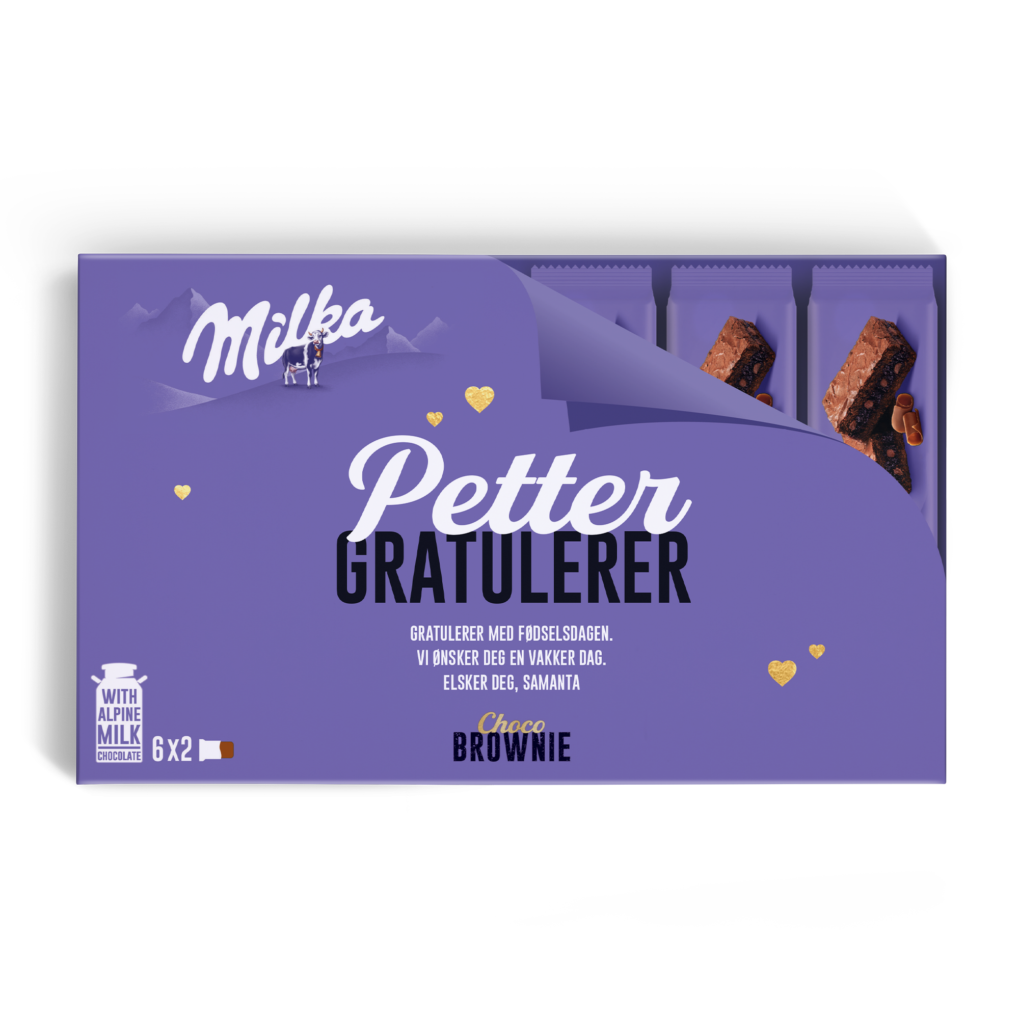 Lilla Milka Choco Brownie gaveeske, personlig med navnet Petter og teksten "Gratulerer med fødselsdagen".