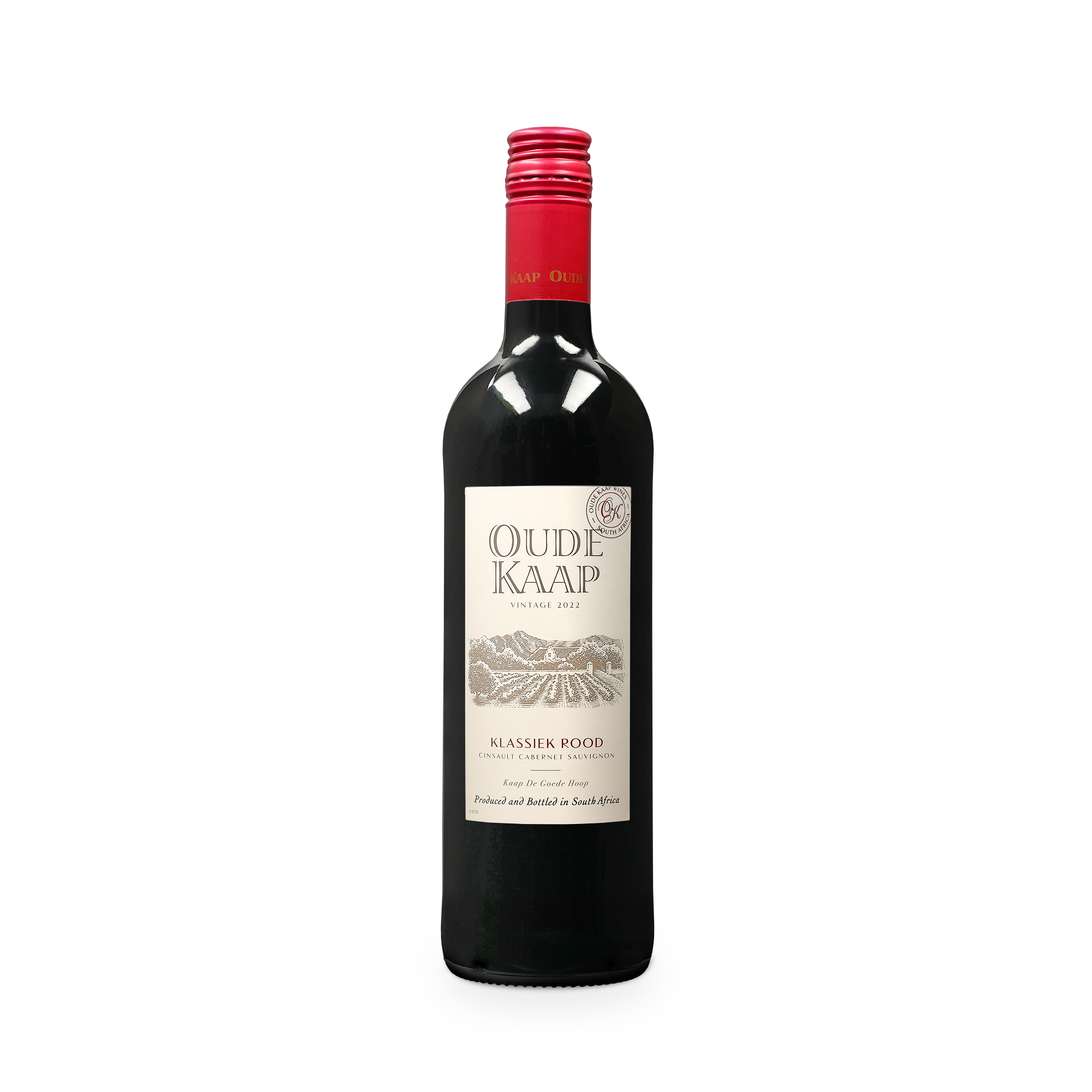Botella de Oude Kaap rojo con etiqueta personalizada con "Oude Kaap" y "Vintage 2022" impresa.