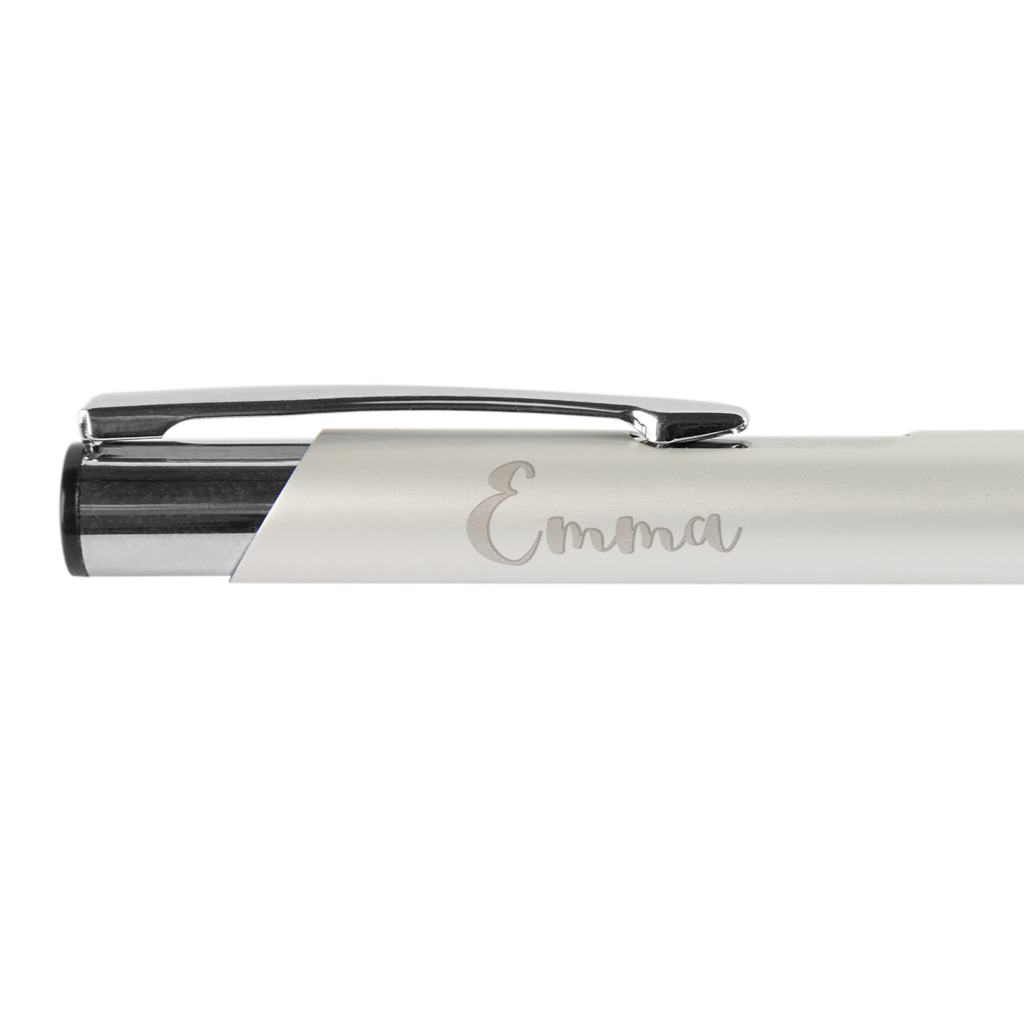 Zilverkleurige Viva pen met naamgravure Emma in sierlijk lettertype.