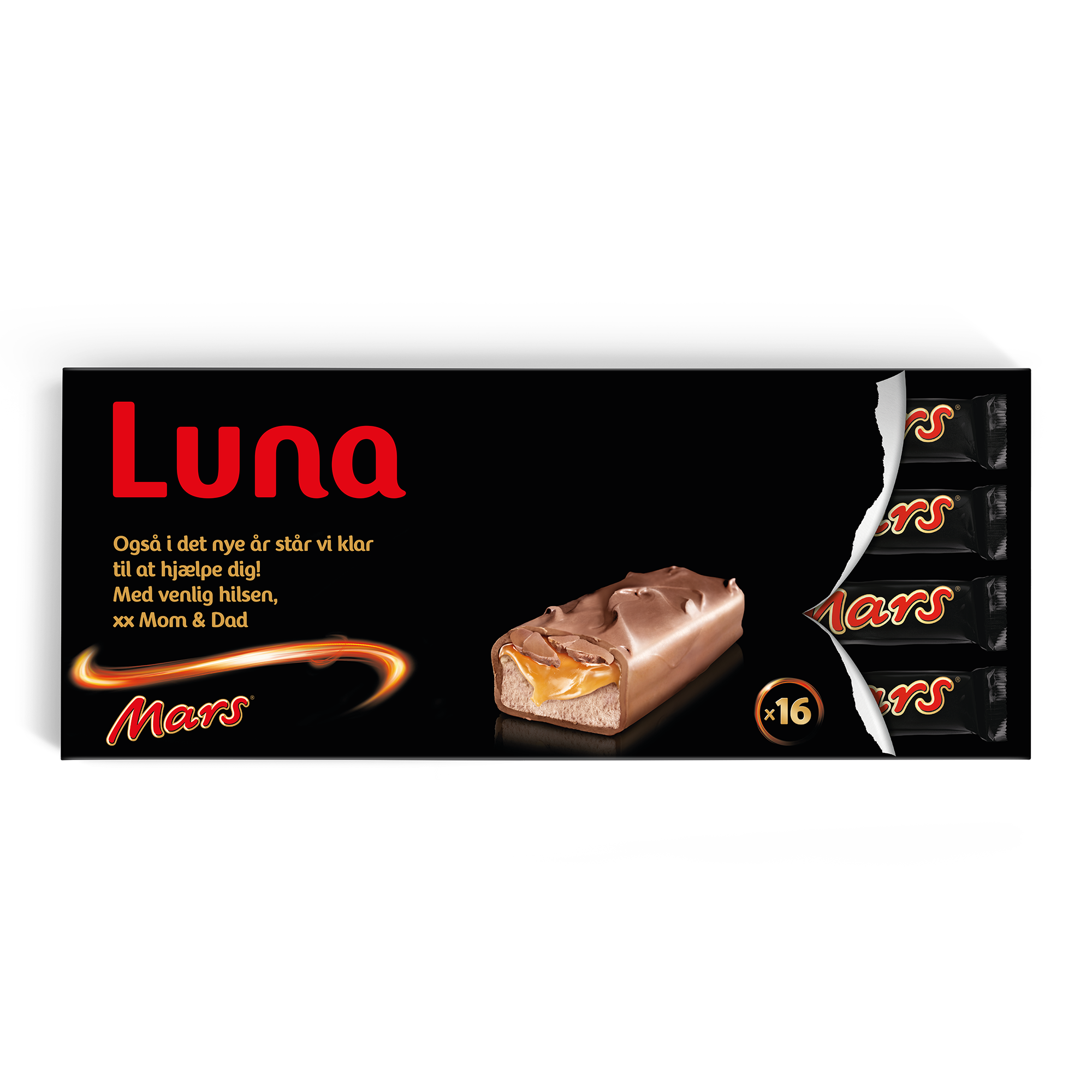 Denne personlige Mega Mars chokolade med navn Luna og hilsen fra Mor & Far er trykt med dit design. Den indeholder 16 Mars-barer.