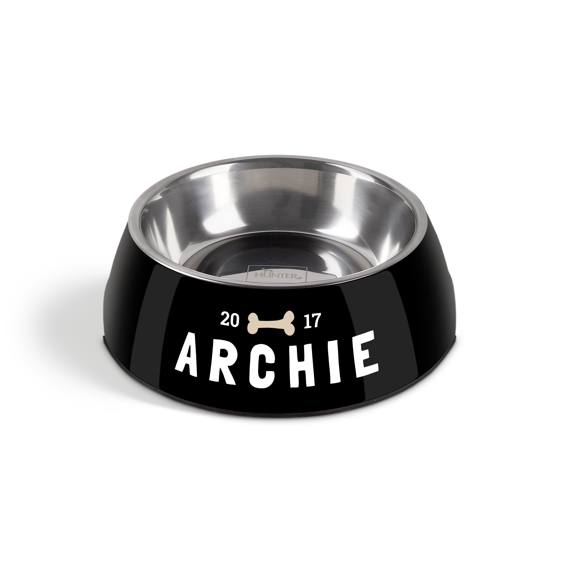 Čierna miska pre psa s menom Archie, potlačená kosťou a rokom 2017, ideálna ako osobná kŕmna miska