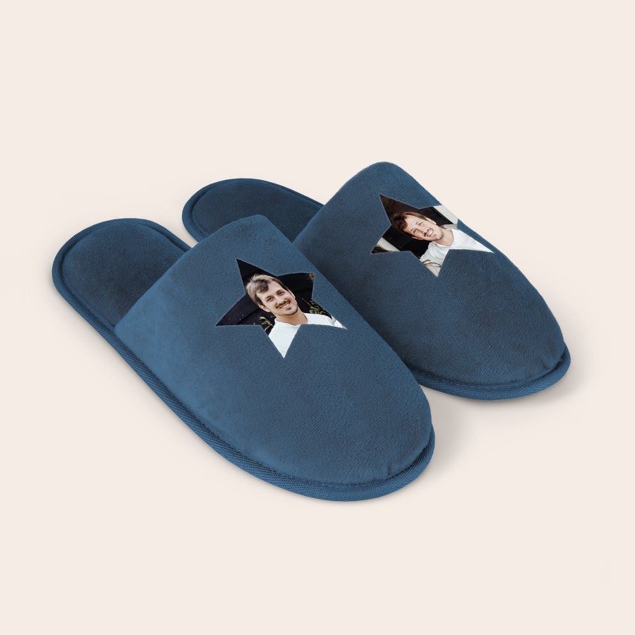 Pantufas personalizadas Pantufas personalizadas azuis macias com foto impressa em formato de estrela para surpreender seus entes queridos