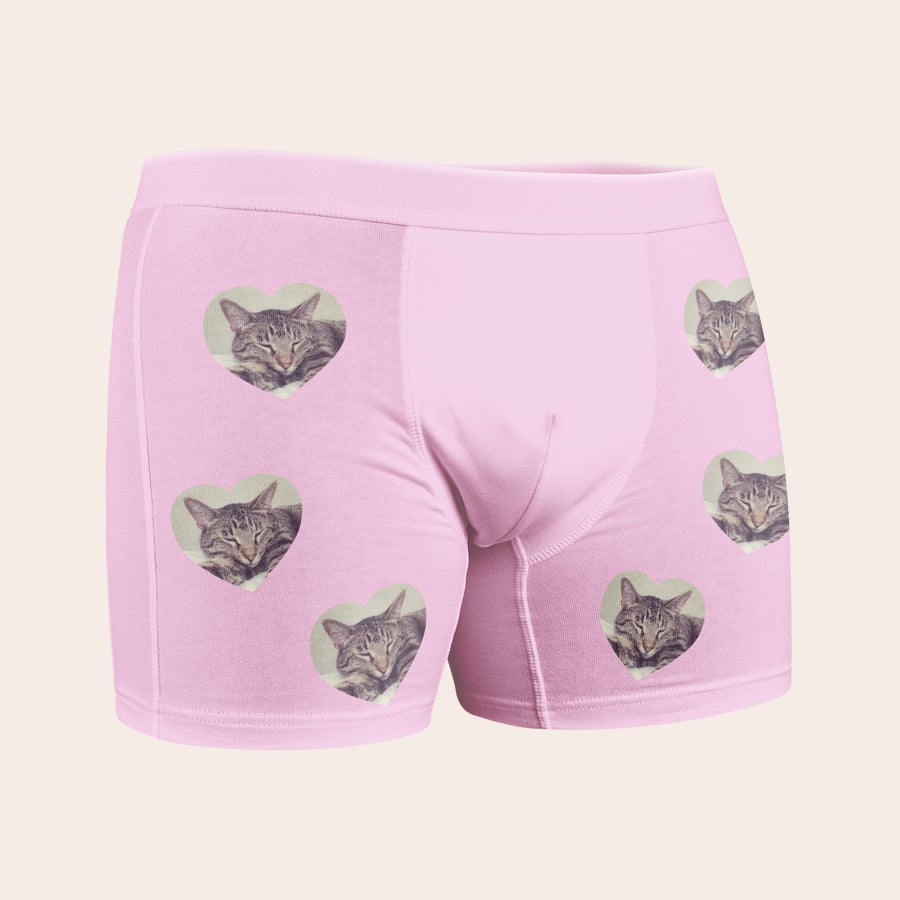 Boxershorts mit Foto Pinke Unterhose mit Foto von schlafender Katze in Herzform als wiederholtes Muster bedruckt