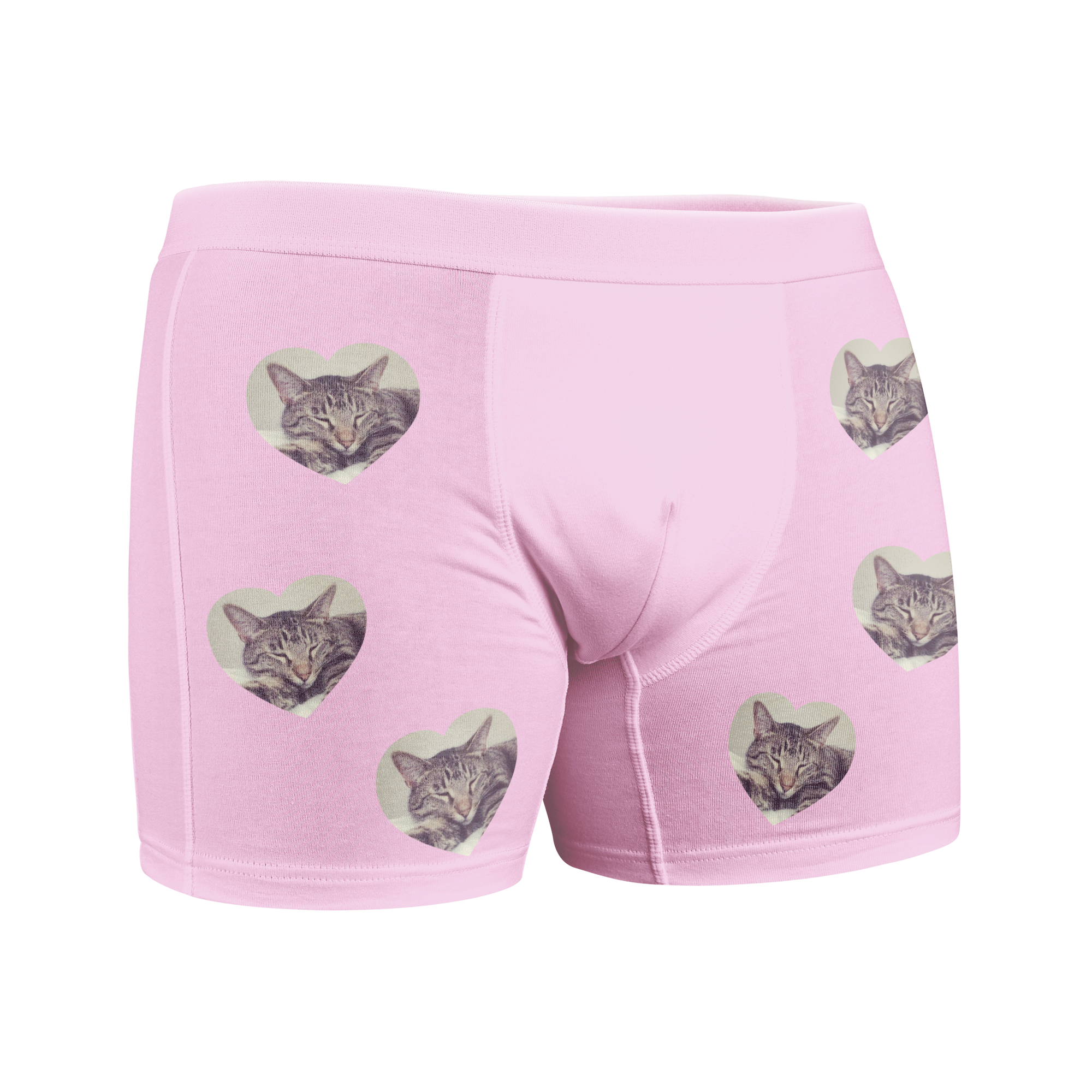 Ljusrosa boxershorts med upprepande kattfoto tryckt i hjärtformade ramar, ett unikt tryck.