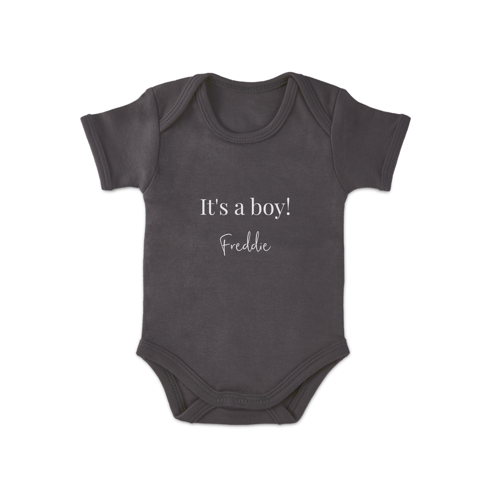 Salopetă gri imprimată cu textul Its a boy Freddie personalizat, ideală pentru a surprinde proaspeții părinți.