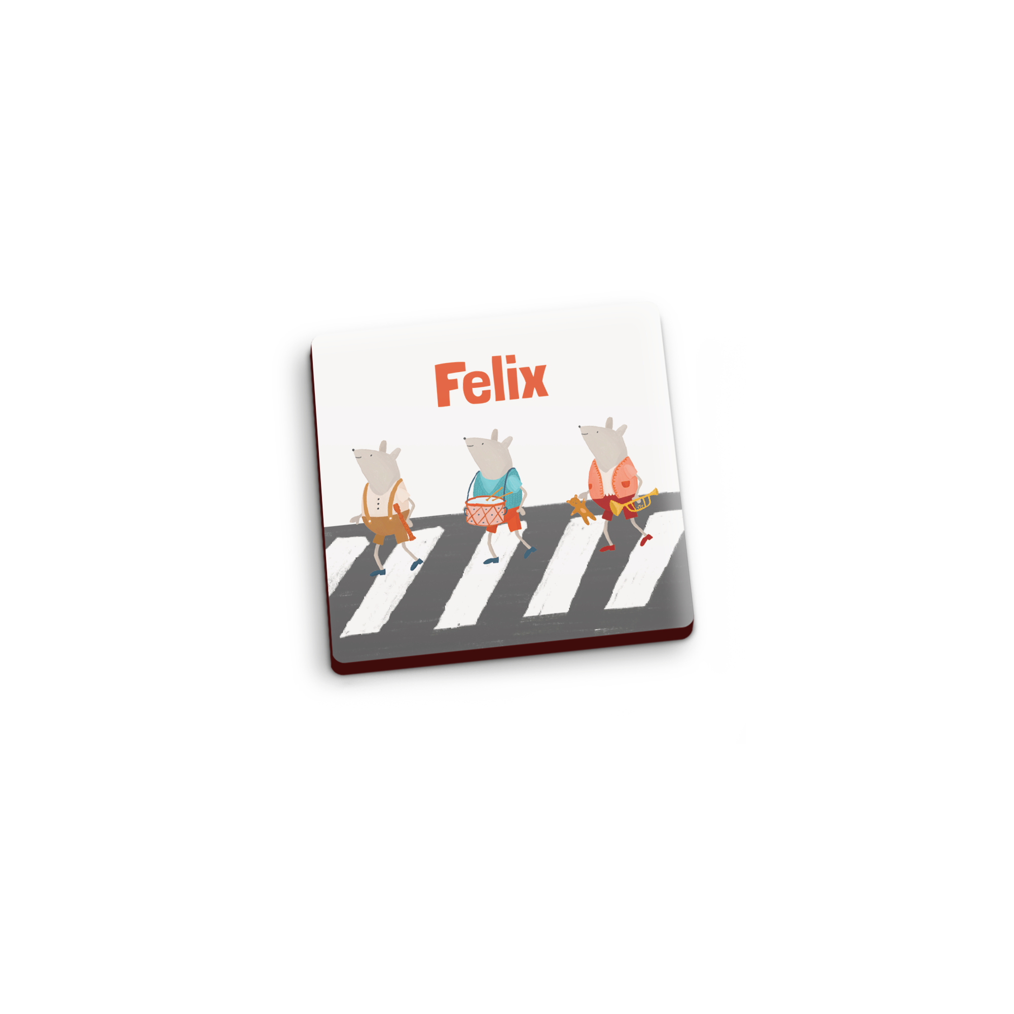 Fotomagnet med billedtryk af tre mus på et fodgængerfelt og navnet Felix. Overrask dine kære med et sæt fotomagneter.