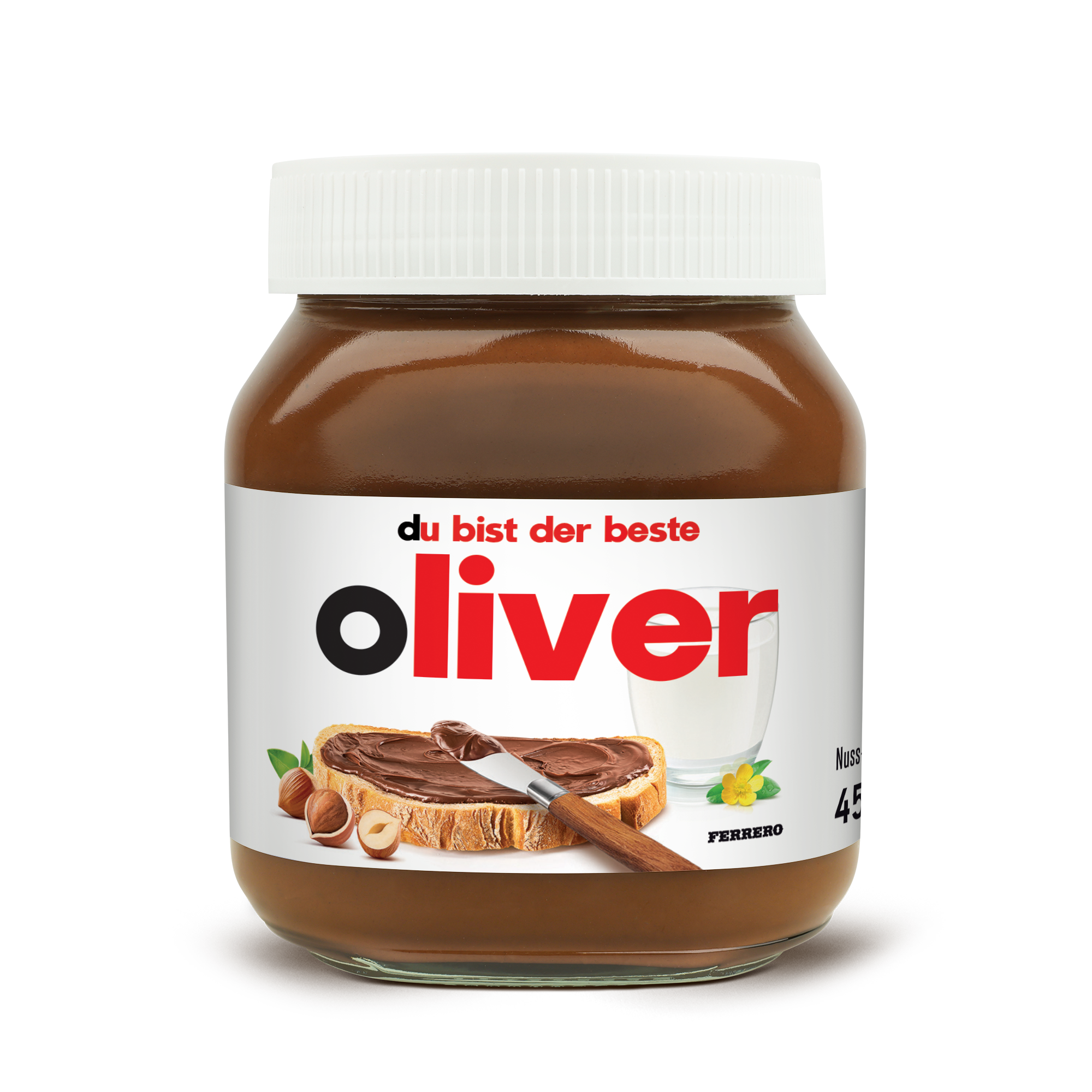 Personalisiertes nutella® Glas, bedruckt mit dem Namen Oliver und dem Text 