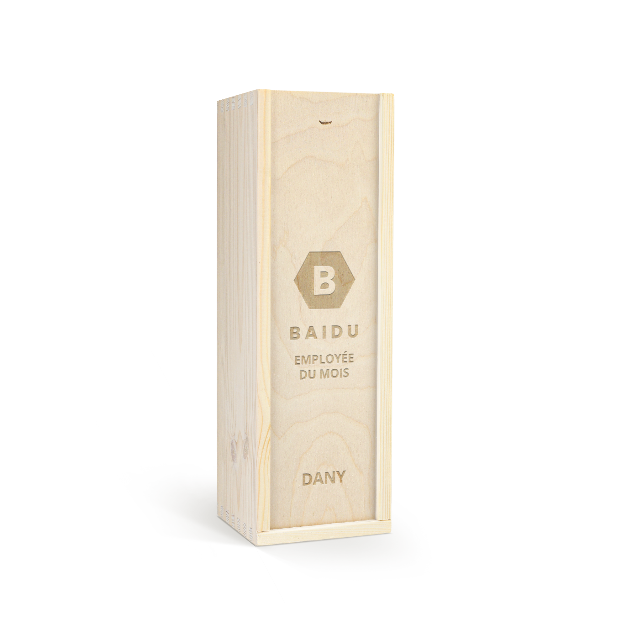 Coffret en bois personnalisé avec une bouteille de vin blanc Belvy, gravé "BAIDU EMPLOYEE DU MOIS DANY"