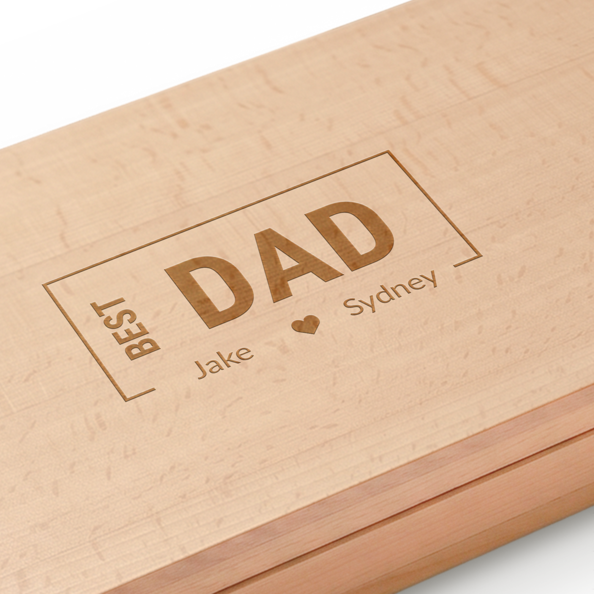 Personalized hammer in engraved wooden box with "BEST DAD" and names Jake and Sydney, custom engraved to your specifications.