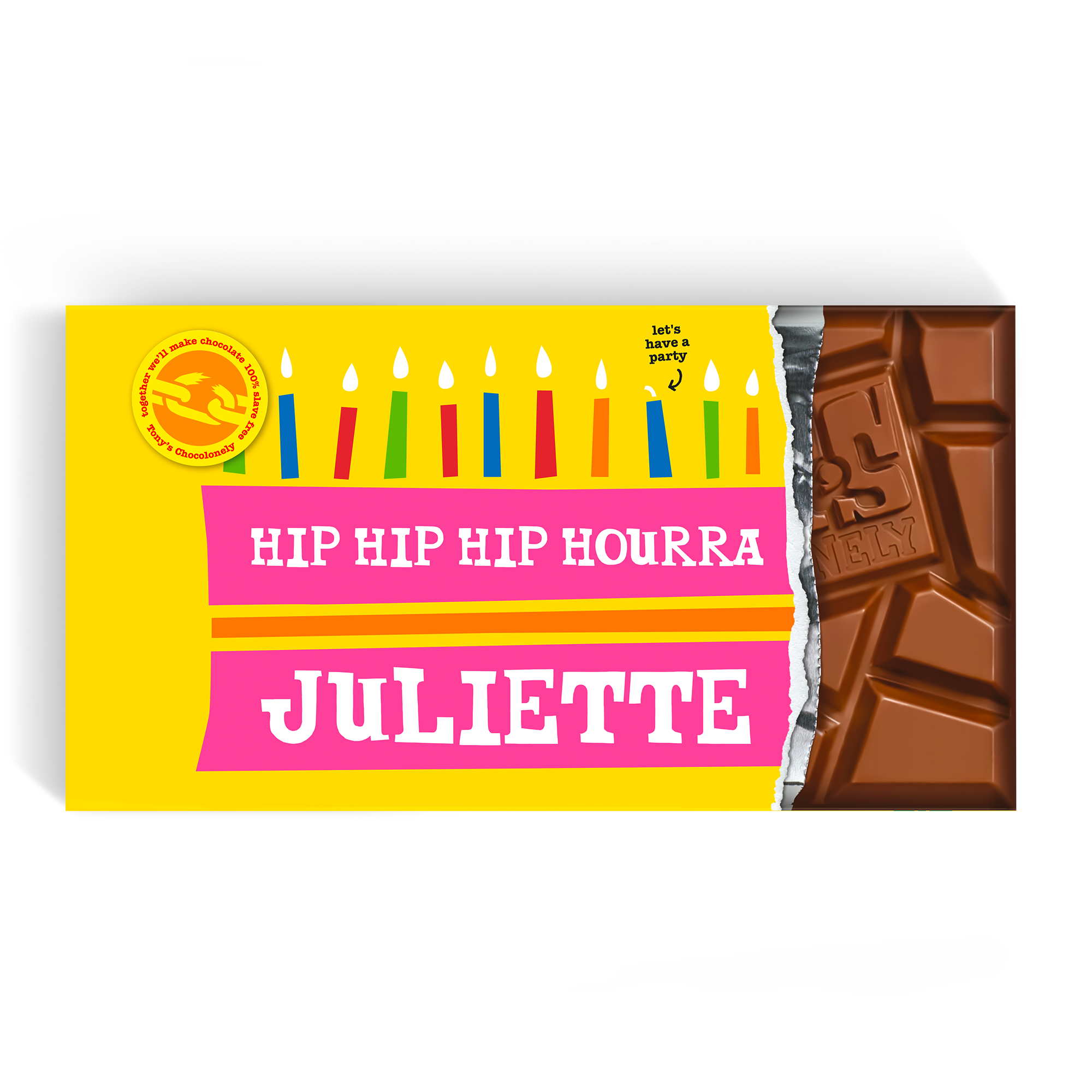 Méga tablette Tony's Chocolonely personnalisée pour Juliette avec bougies colorées imprimées