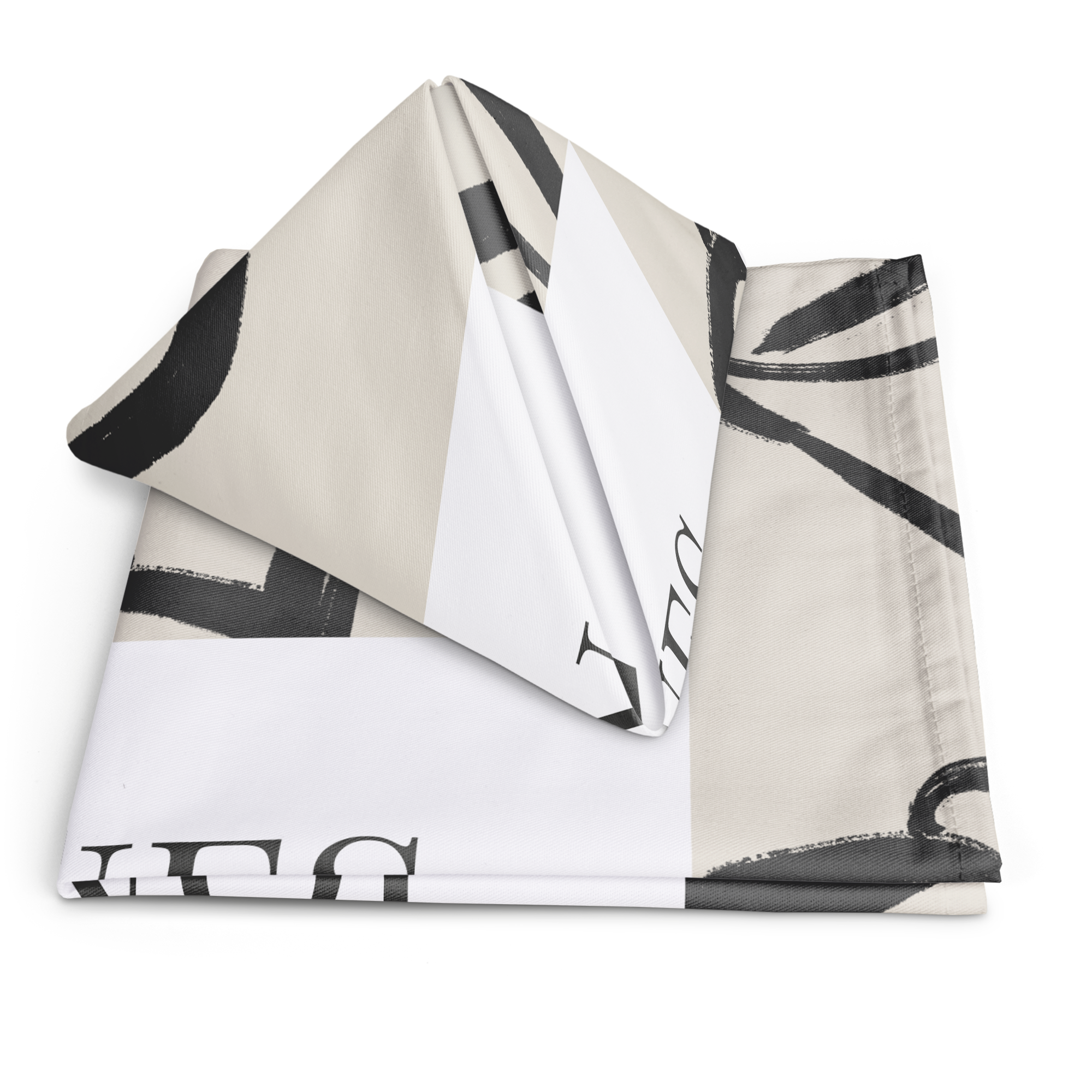 Servilletas de tela blancas y beige con impresión personalizada para decorar la mesa Navideña.