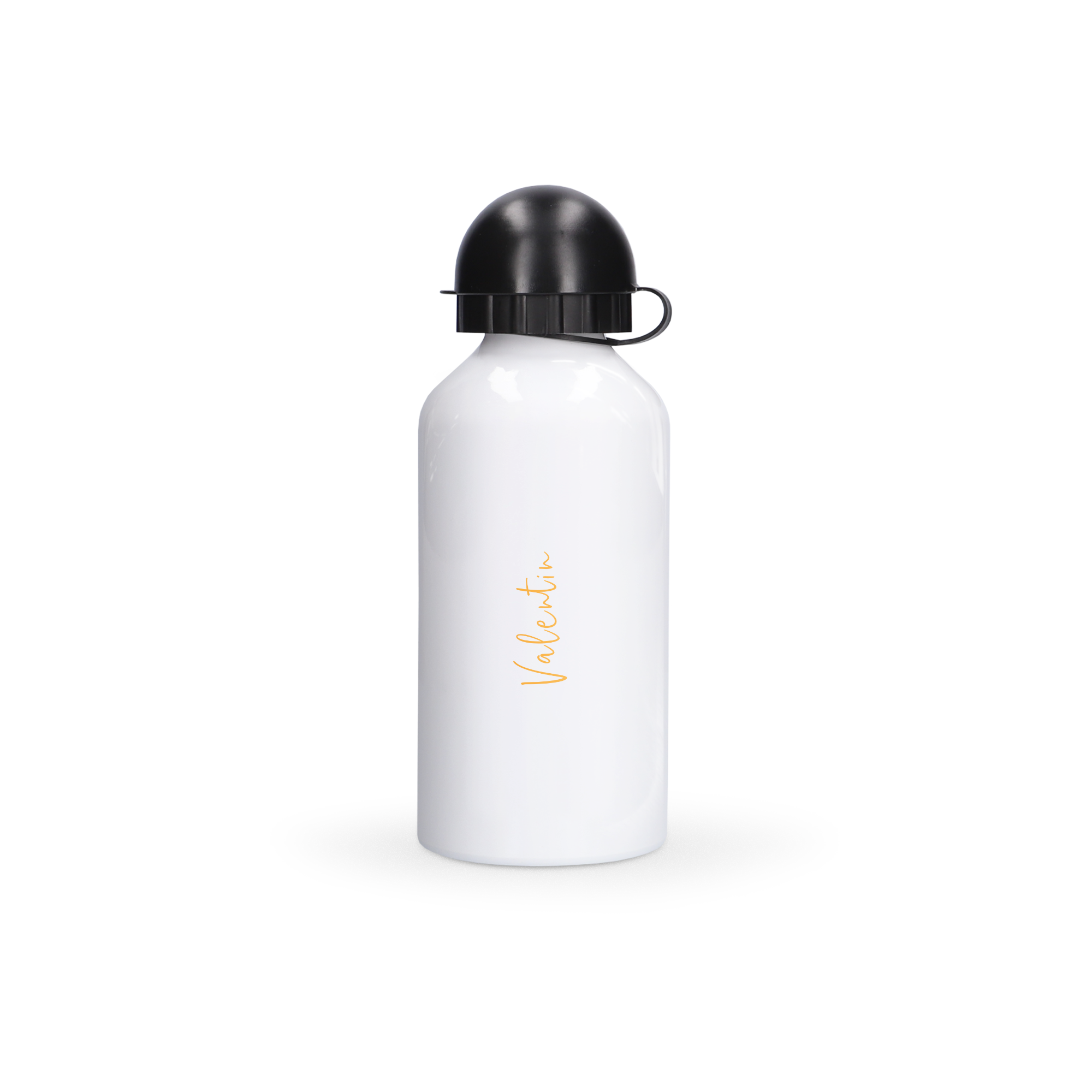 Weiße bedruckte Trinkflasche mit schwarzem Schraubverschluss und orangefarbenem Namen Valentin