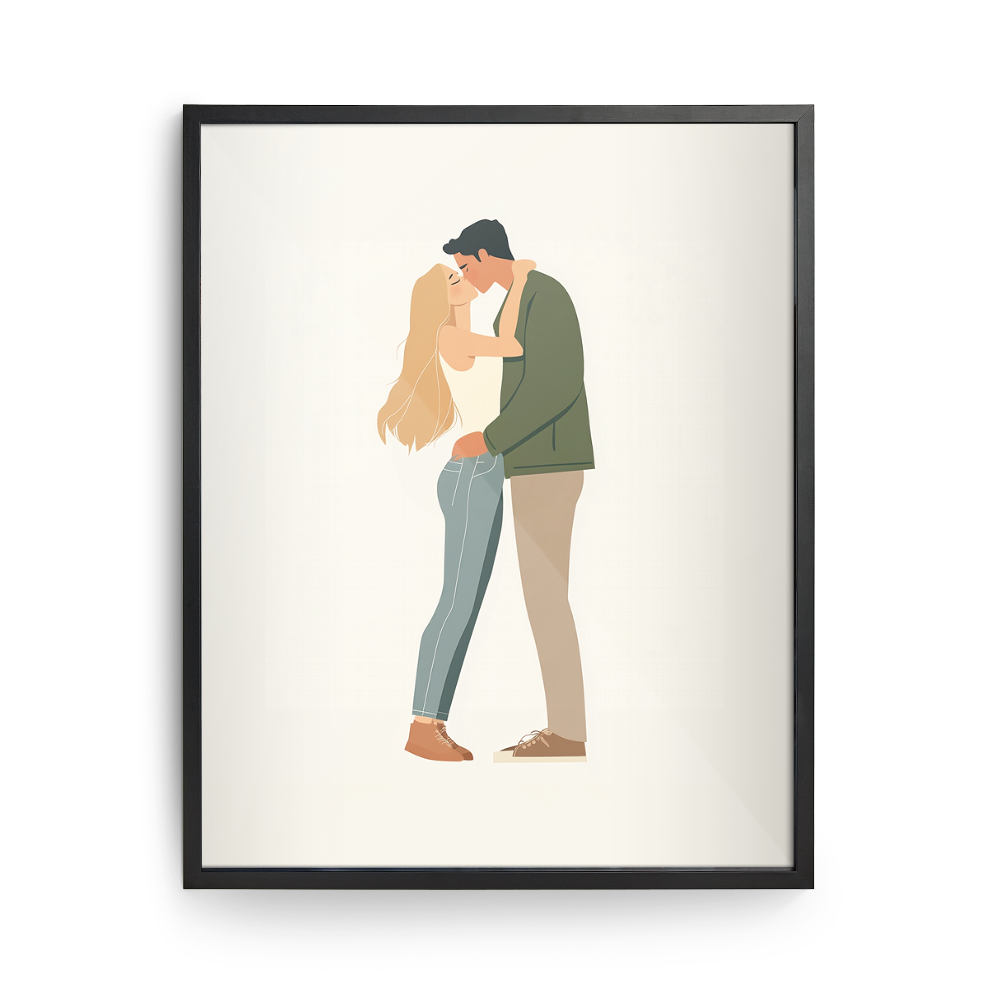 Personlig plakat med en illustrasjon av et kyssende par, innrammet i svart tre. Trykt bilde til å henge på veggen.
