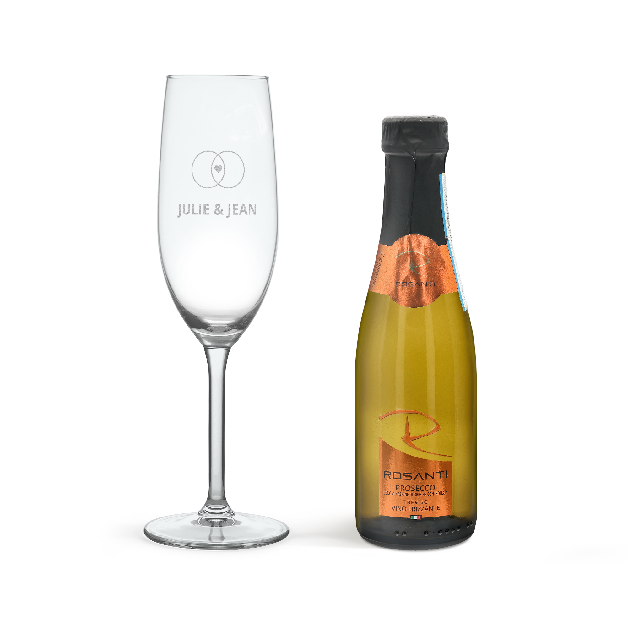 Mini cadeau de prosecco avec verre gravé JULIE & JEAN et une bouteille de Rosanti Vino Frizzante