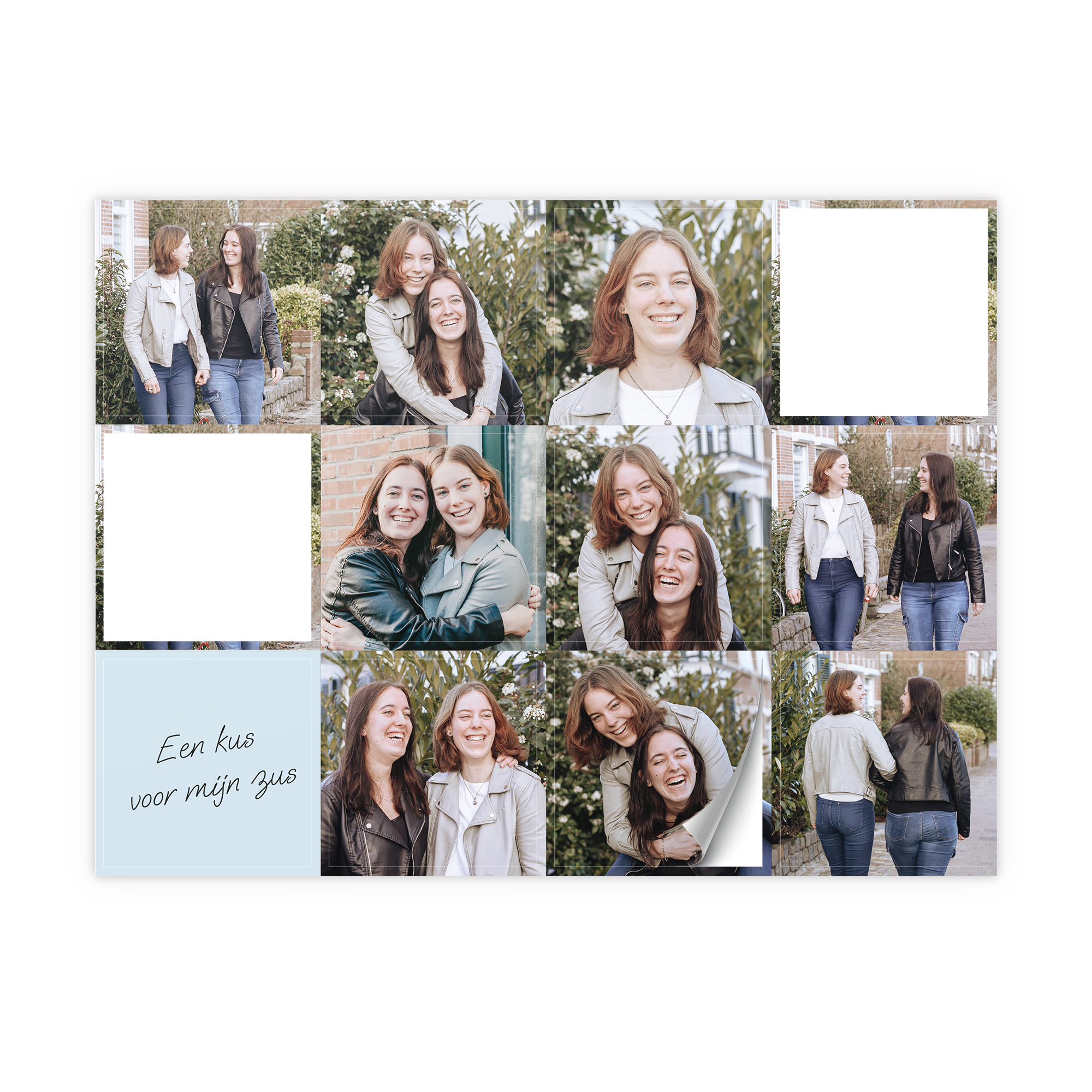 Gepersonaliseerde stickers met fotocollage van twee zussen en de tekst Een kus voor mijn zus.