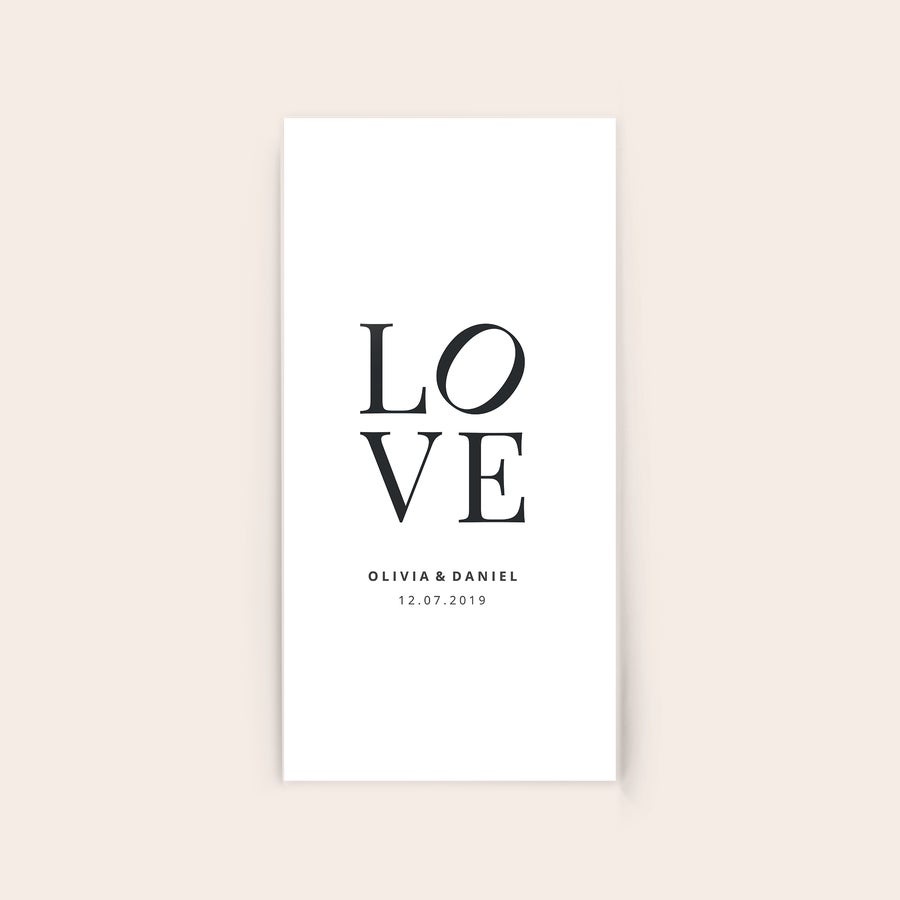 Foto en acrílico Foto en acrílico personalizada con el texto "LOVE", los nombres "OLIVIA & DANIEL" y la fecha "12.07.2019" impresos.