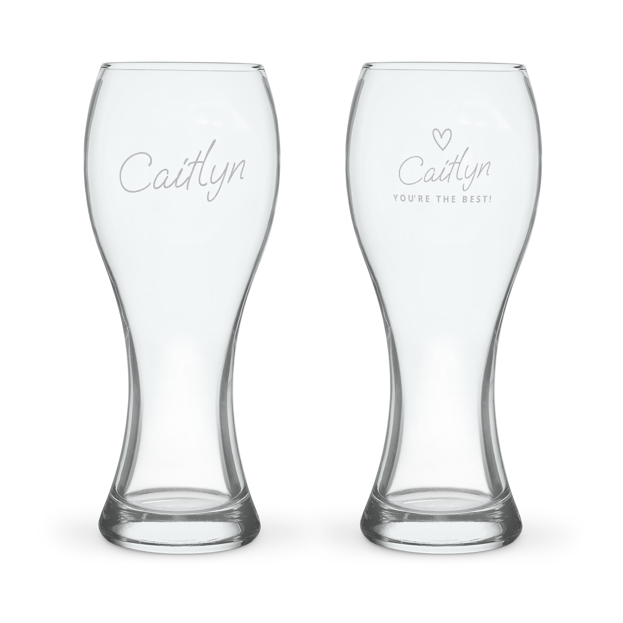 Two personalized xl beer glasses, one engraved with Caitlyn, the other with a heart Caitlyn You're the Best