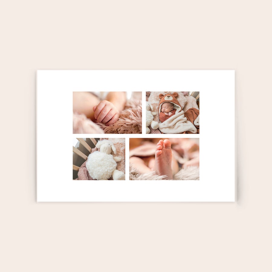 Foto op plexiglas Foto op plexiglas met collage van babyfoto's en witte rand. Laat jouw mooiste herinneringen schitteren met een foto op plexiglas, bedrukt met een zelfontworpen collage van babyfoto's.