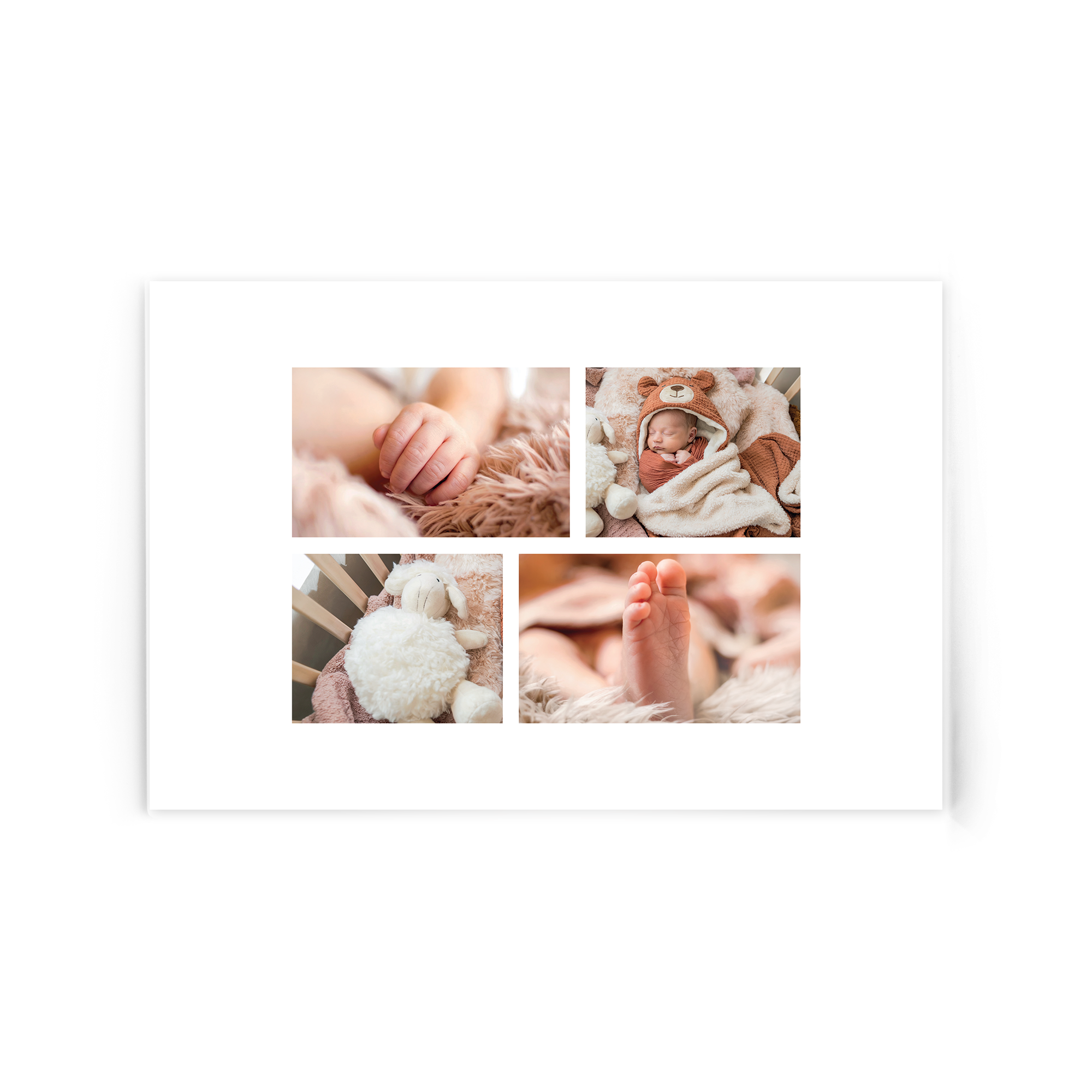 Fotografie acrilică personalizată, imprimată cu 4 imagini colaj bebeluș, mână, picioruș, păturică cu ursuleț