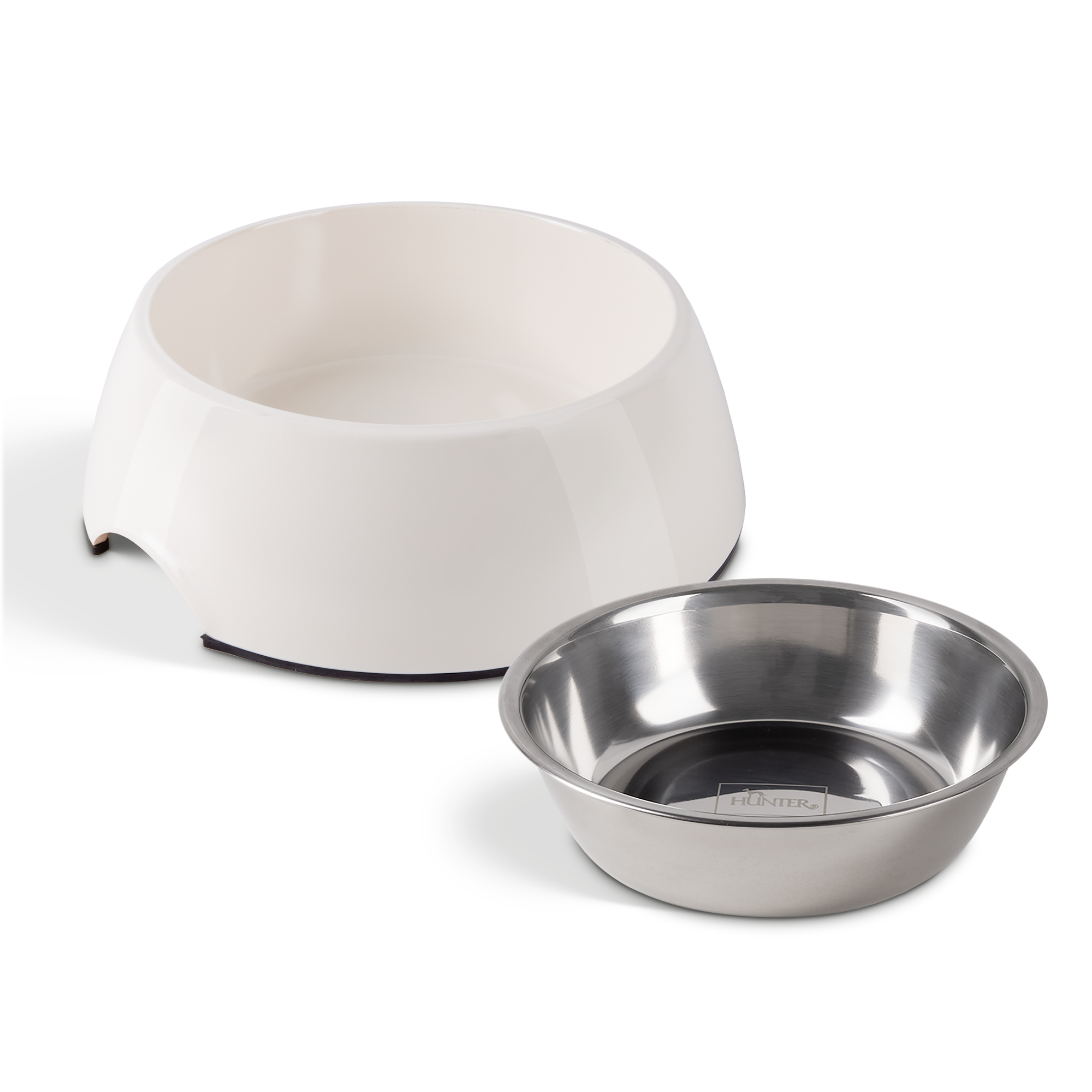 Tigela pessoal de melamina branca para cães com inserção de aço removível para alimentação sem migalhas