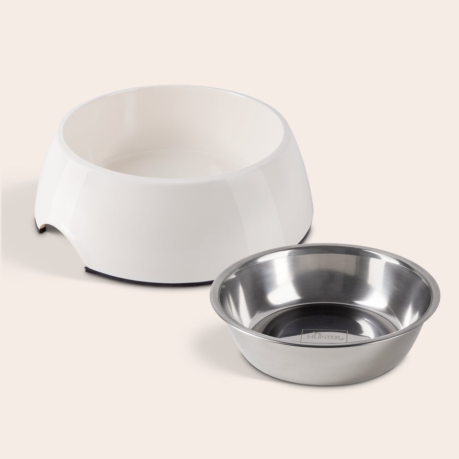 Tigela de alimentação do cão Tigela pessoal de melamina branca para cães com inserção de aço removível para alimentação sem migalhas