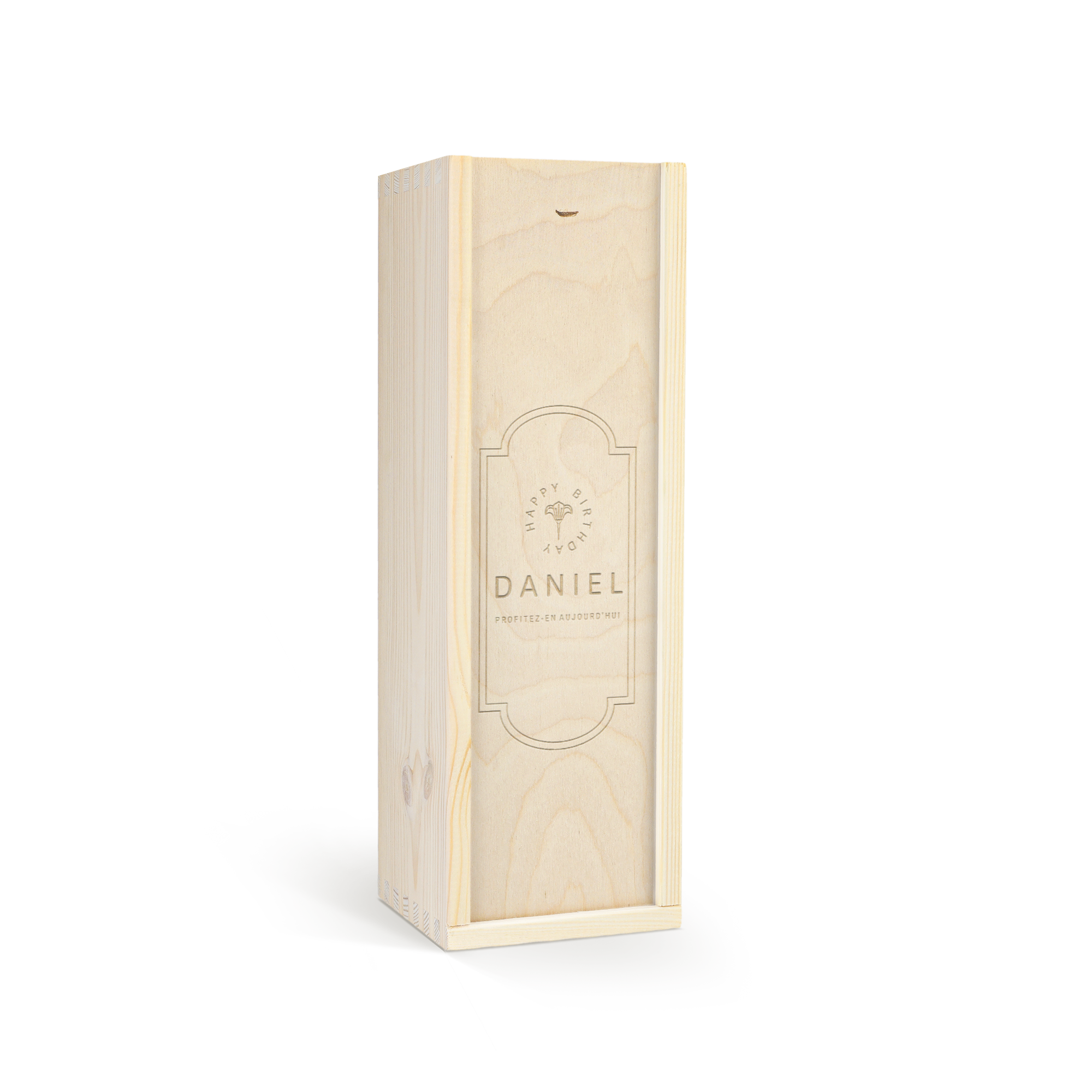 Coffret en bois gravé personnalisé Joyeux Anniversaire Daniel avec motif floral, pour vin chaud ou autre boisson.