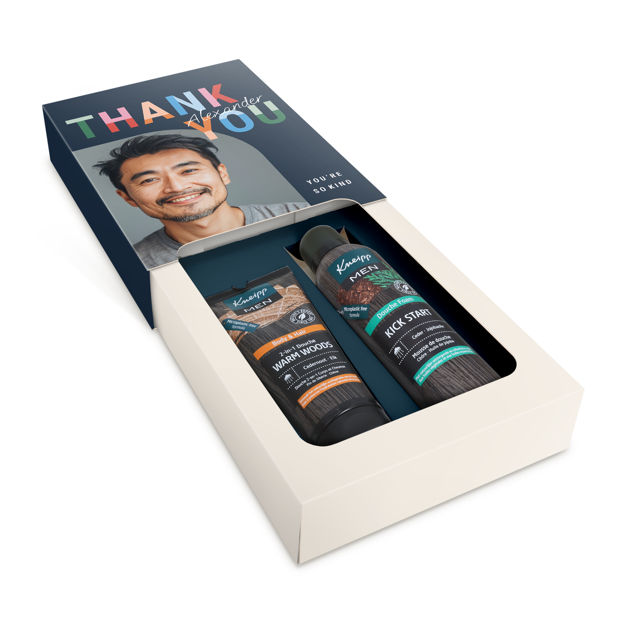 Conjunto de presente de bem-estar masculino personalizado com foto impressa e mensagem 'THANK YOU'