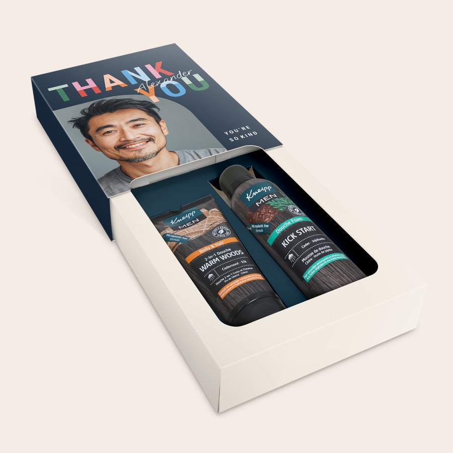 Caixa de oferta Kneipp Men wellness Conjunto de presente de bem-estar masculino personalizado com foto impressa e mensagem 'THANK YOU'
