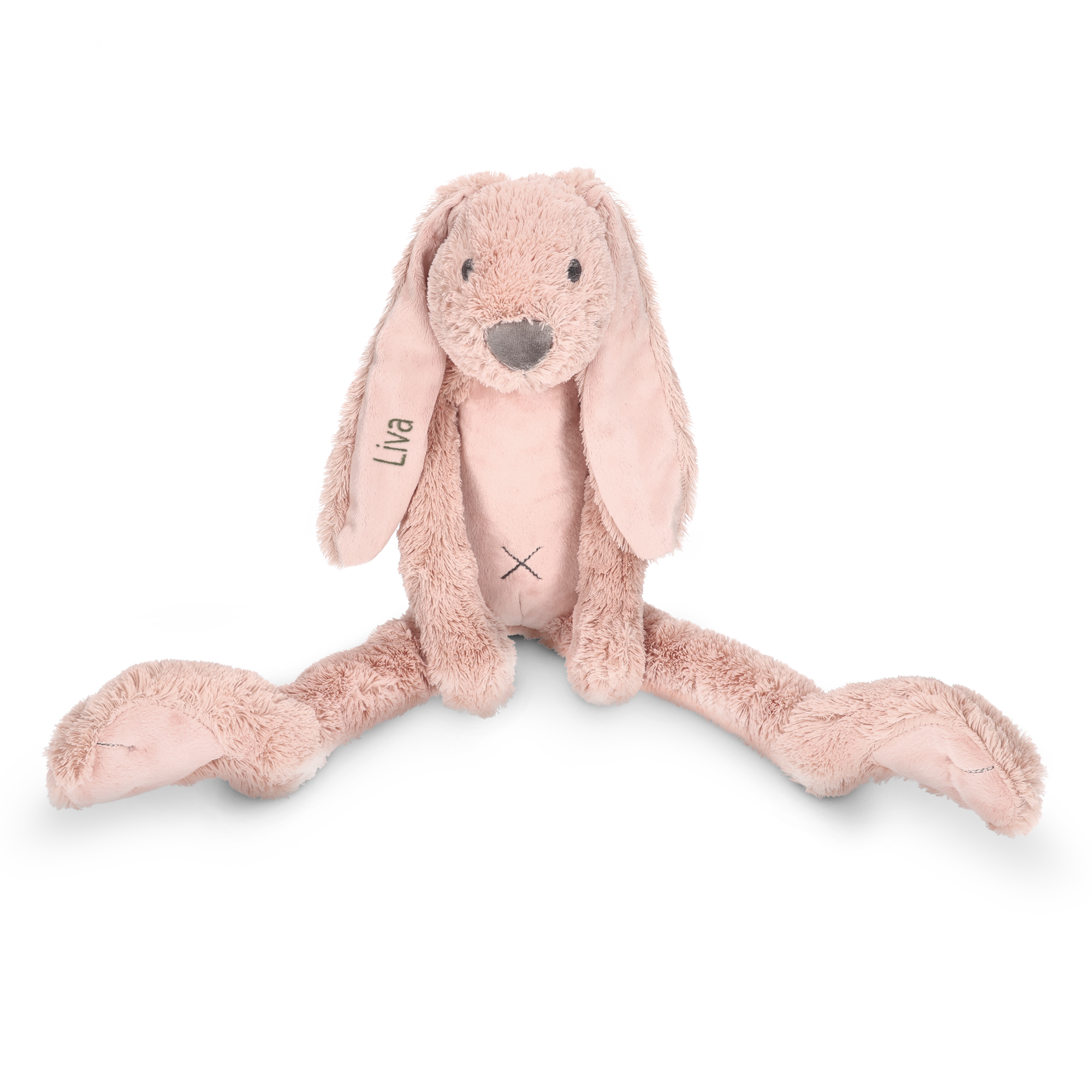 Zacht roze Happy Horse knuffelkonijn met de naam Liva geborduurd in het linkeroor.