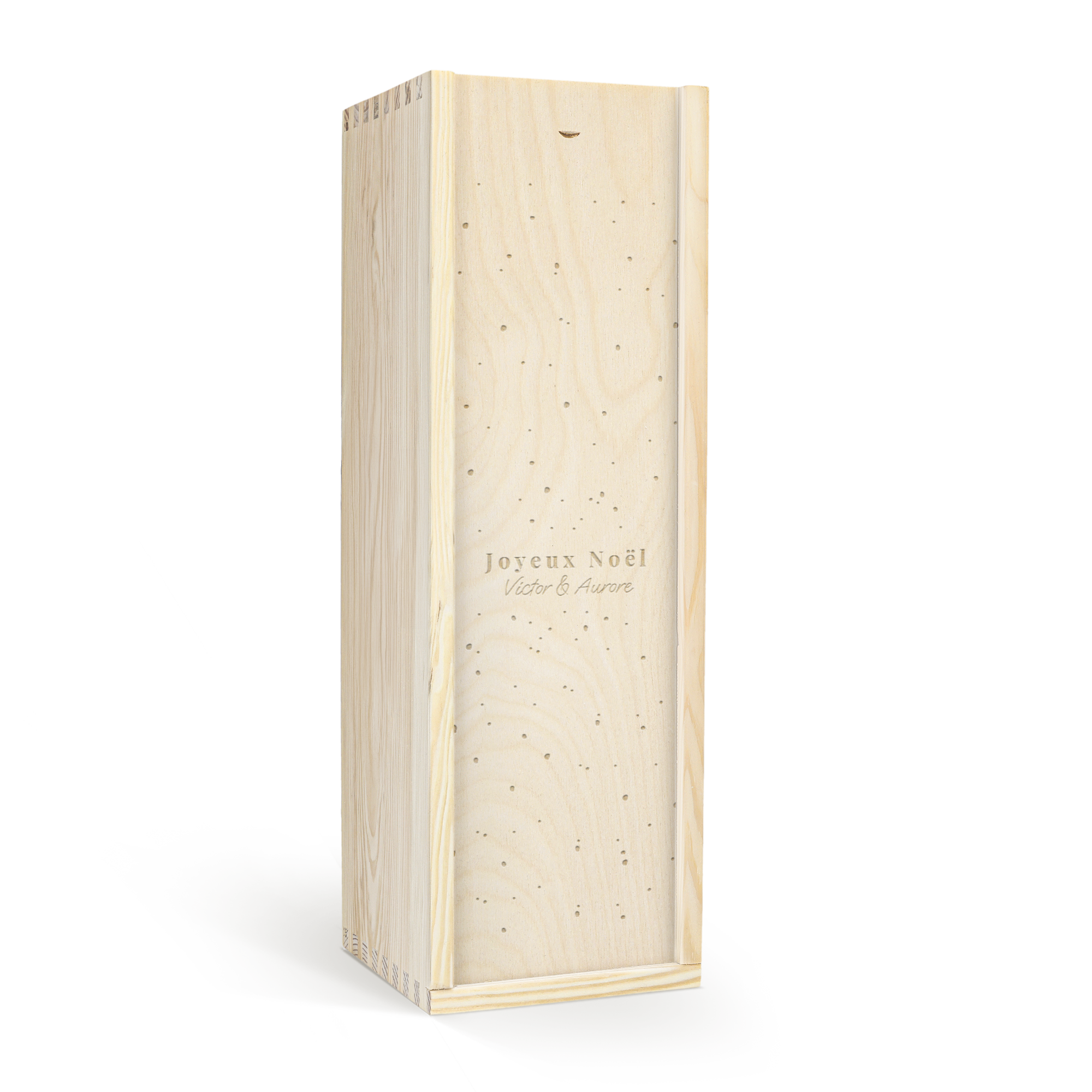 Caisse personnalisée en bois clair gravée Joyeux Noël Victor et Aurore pour magnum René Schloesser