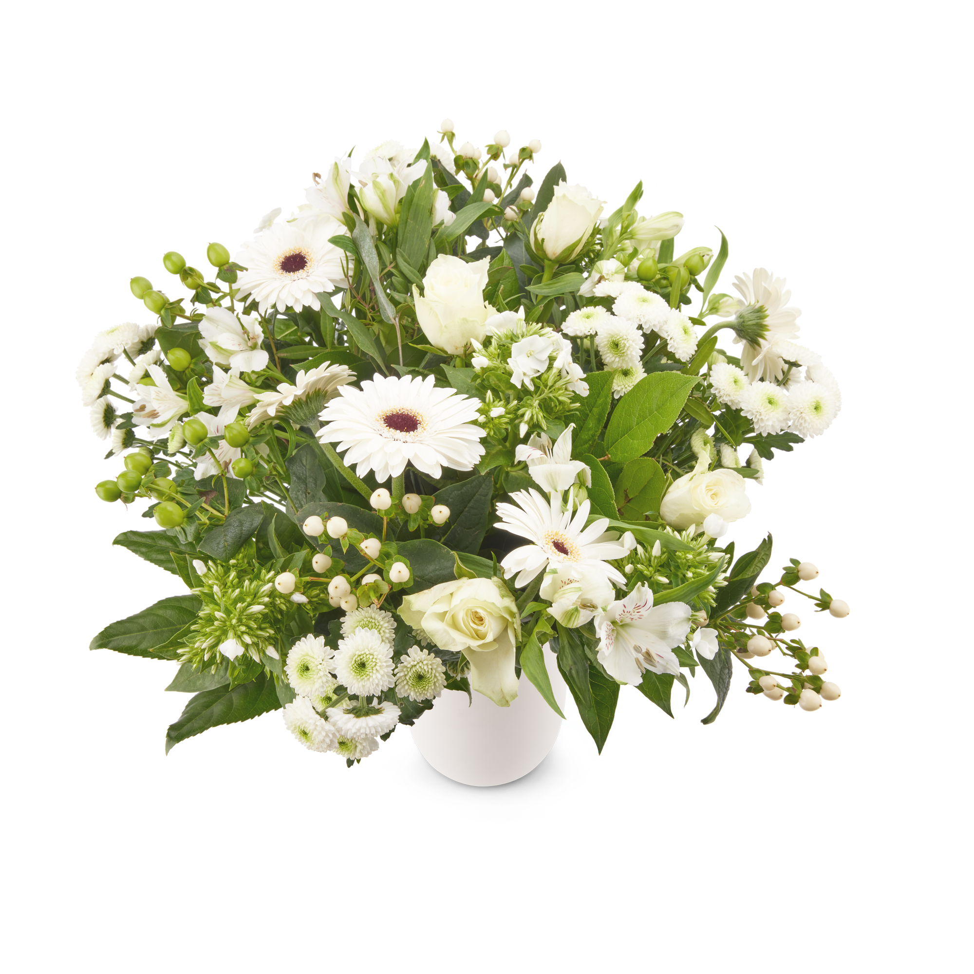 Boeket witte bloemen met rozen, gerbera's en alstroemeria's in vaas, inclusief gratis cadeaukaartje