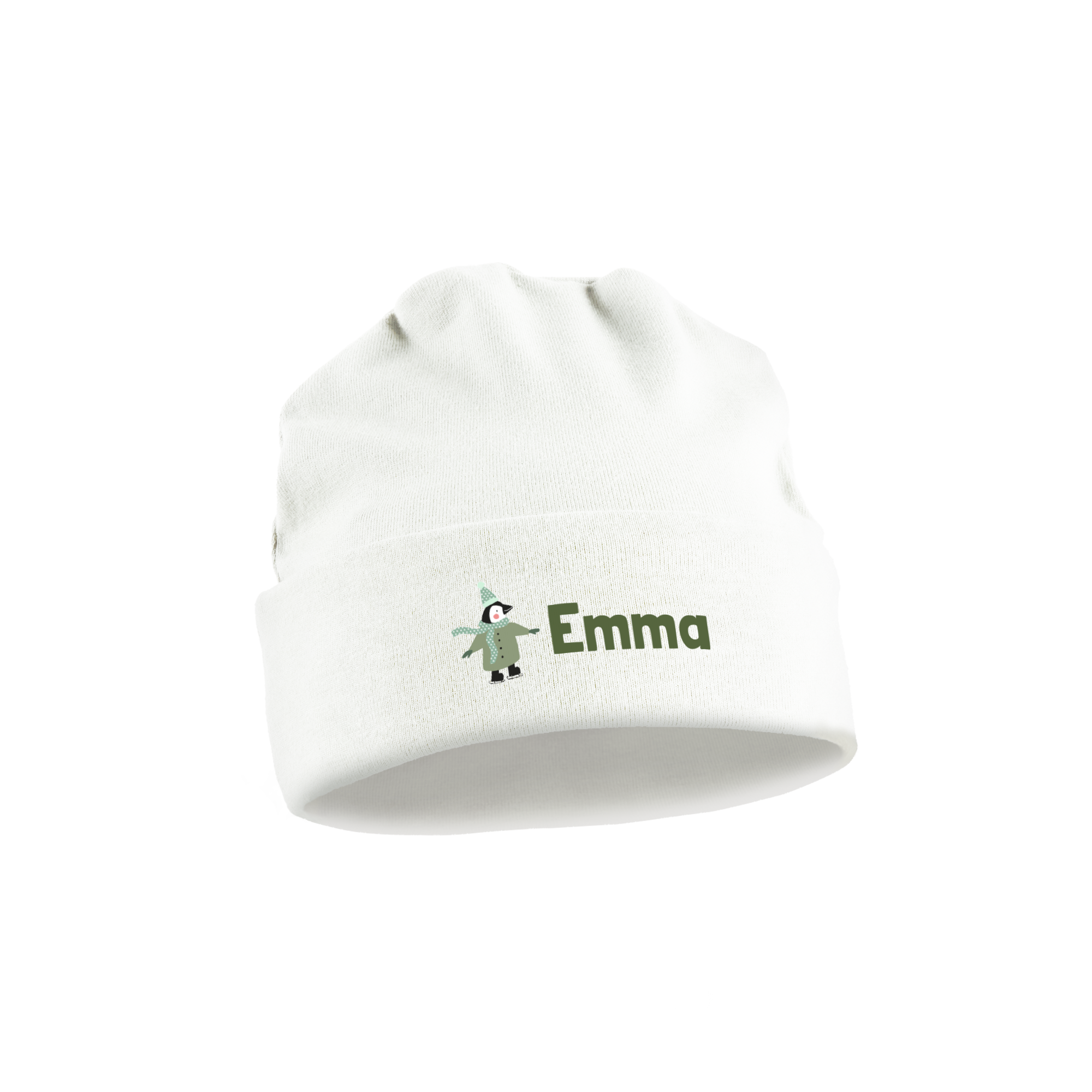 Fehér babakalap pingvin mintával és Emma névvel, személyre szabottan nyomtatva.