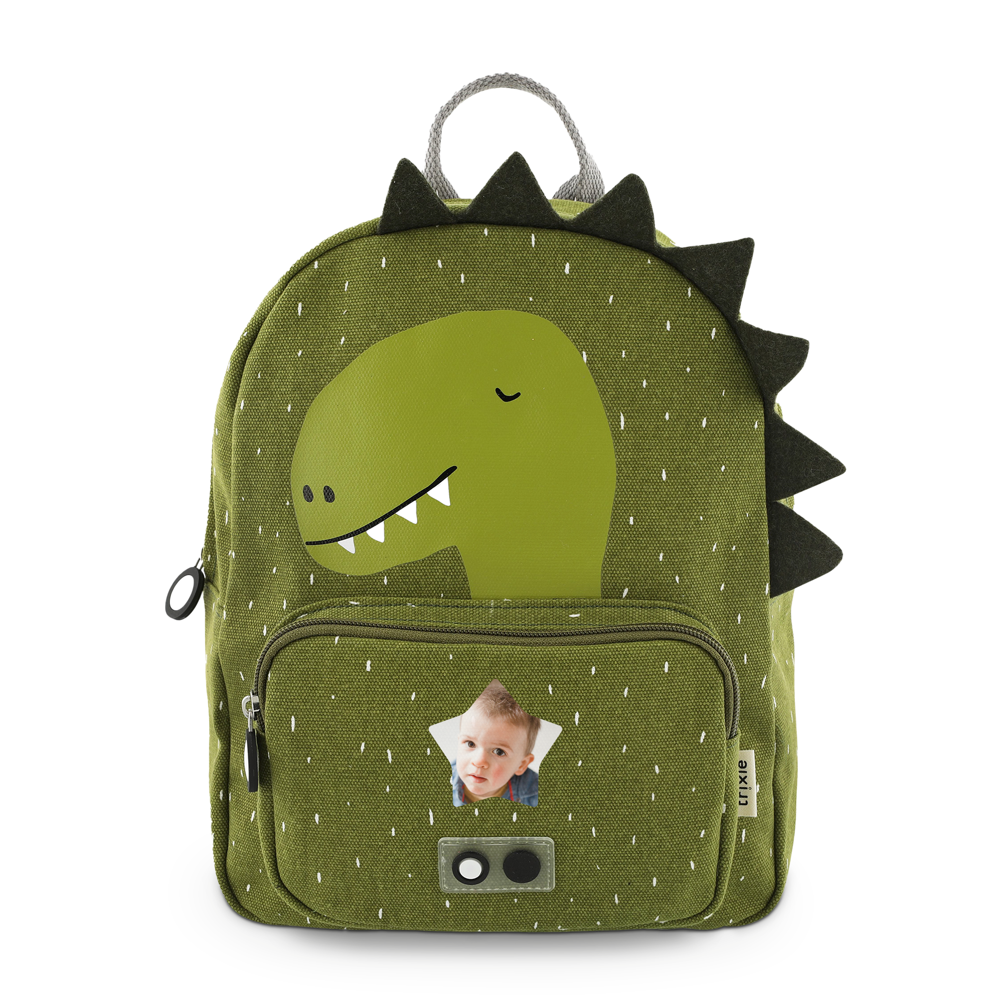 Zaino per bambini personalizzato verde a tema dinosauro con foto stampata e spalline imbottite