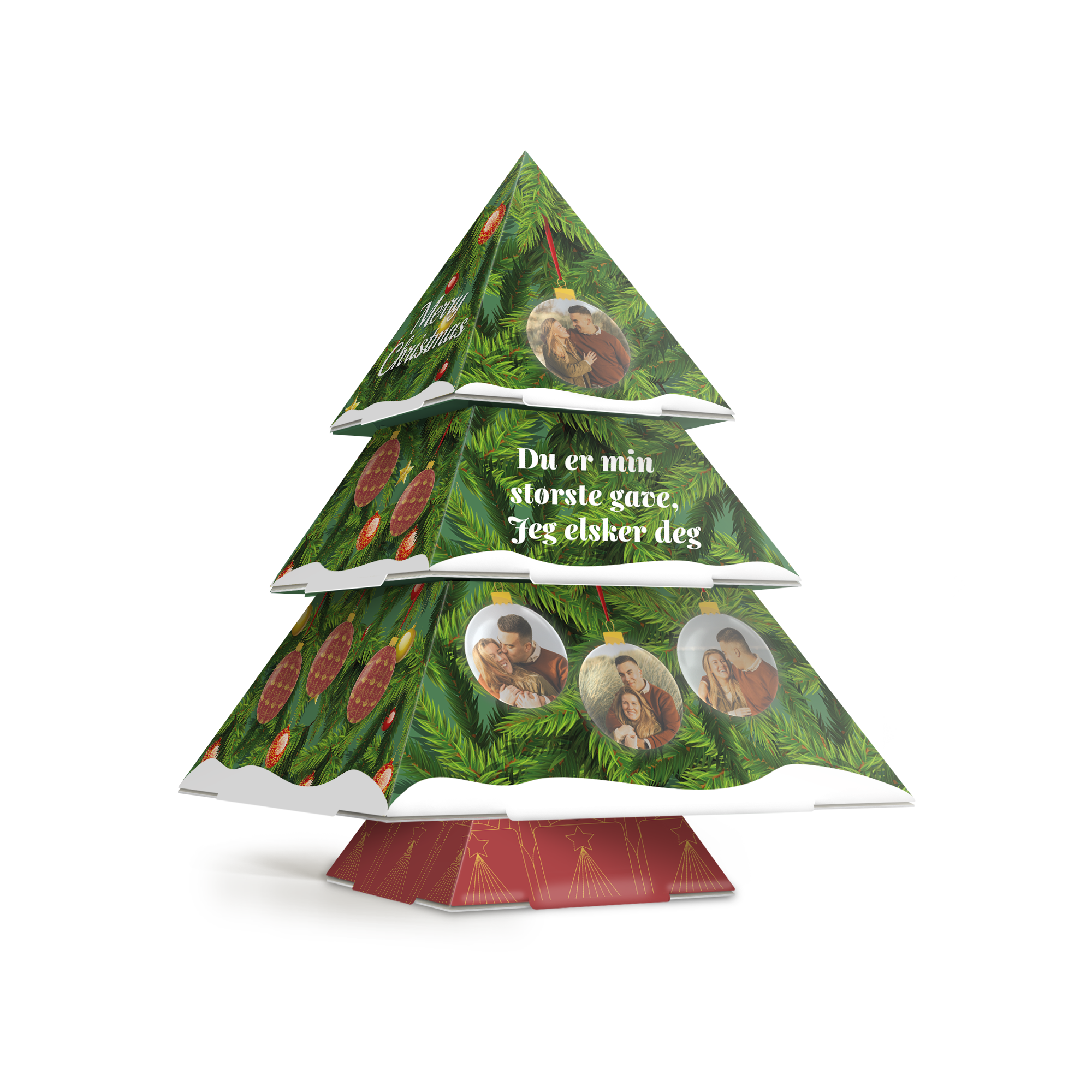 DIY papirjuletre med trykt grønt granbar, foto-ornamenter og teksten "Du er min største gave, Jeg elsker deg", lys opp høytiden med et personlig preg.