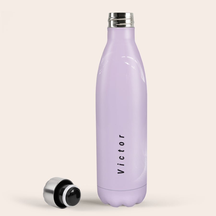 Gourde Isotherme personnalisable Bouteille thermos personnalisée lilas avec le prénom Victor imprimé, pour augmenter l'hydratation