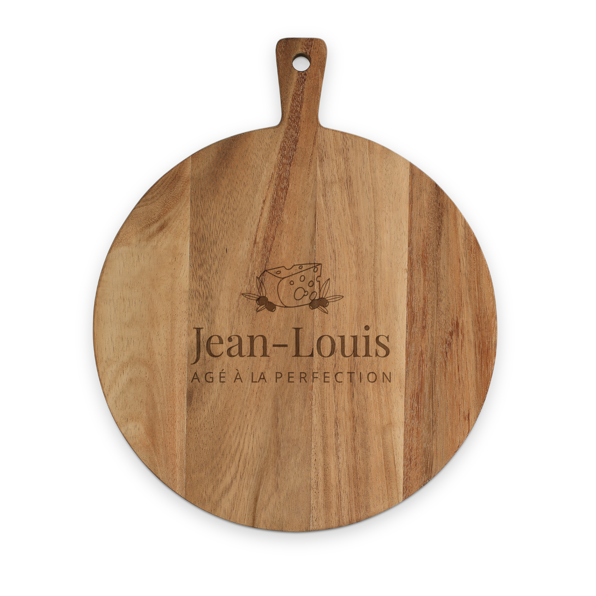 Plateau de service rond en bois gravé avec prénom Jean-Louis et fromage