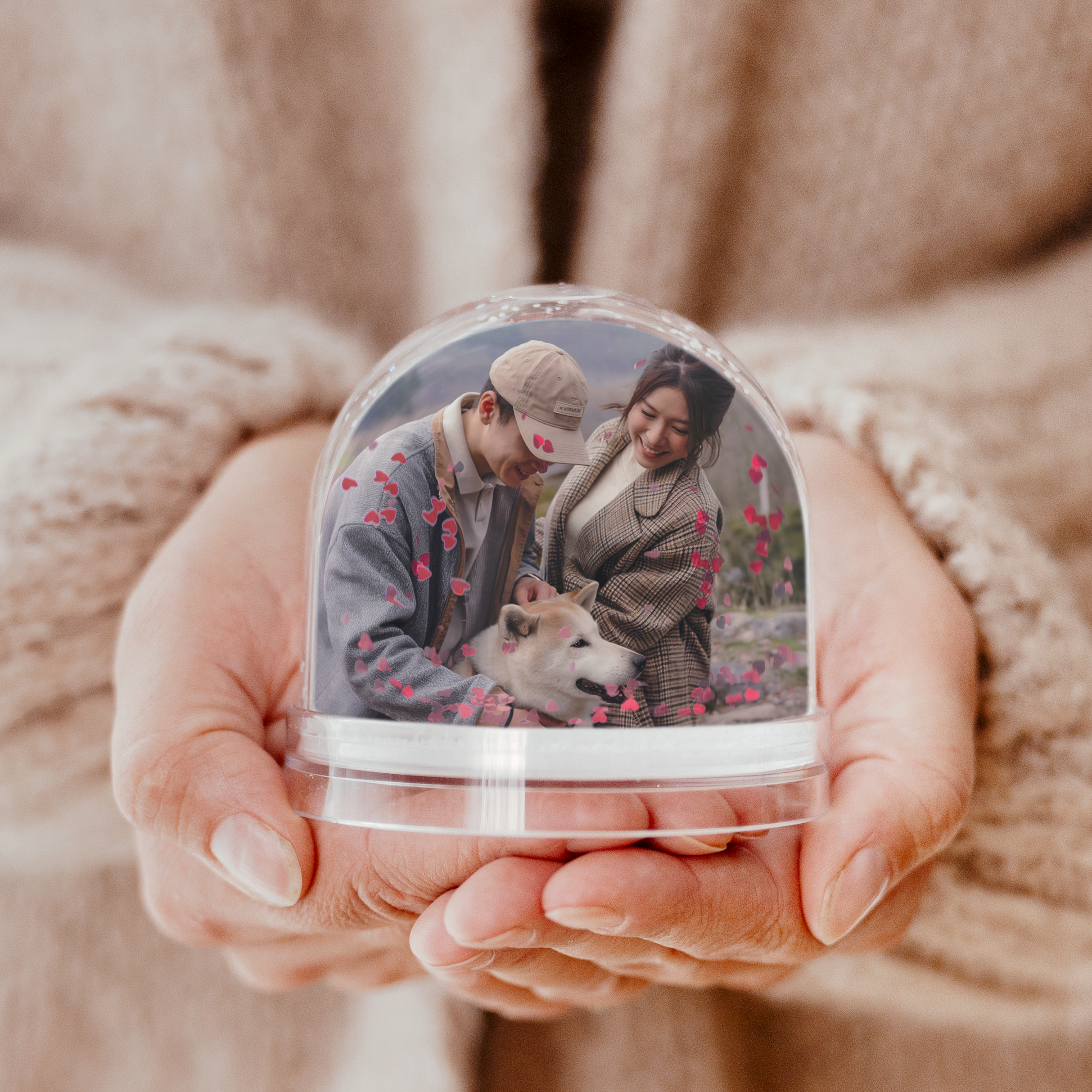 Personalizovaná snehová guľa so srdiečkami a obojstranne vytlačenou fotografiou páru so psom, prekvapenie na mieru.