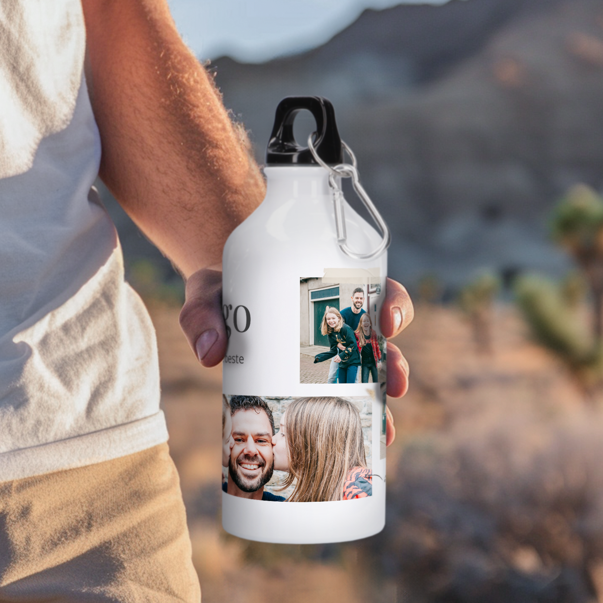 Bidón personalizado con foto impreso con tres imágenes de familias, sujetado por una mano.