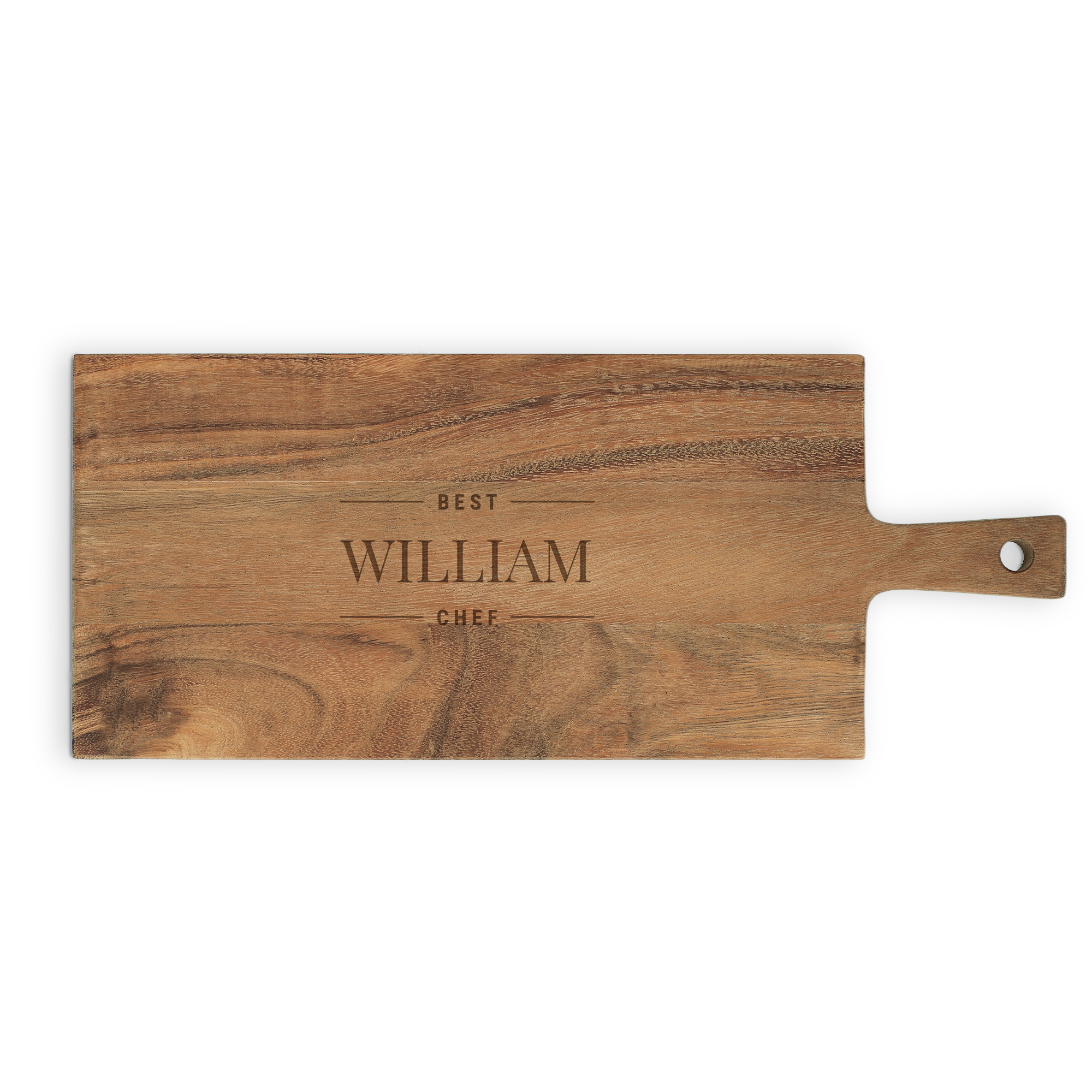 Personal wooden serving platter with name William Best Chef engraved on a rustic wooden board