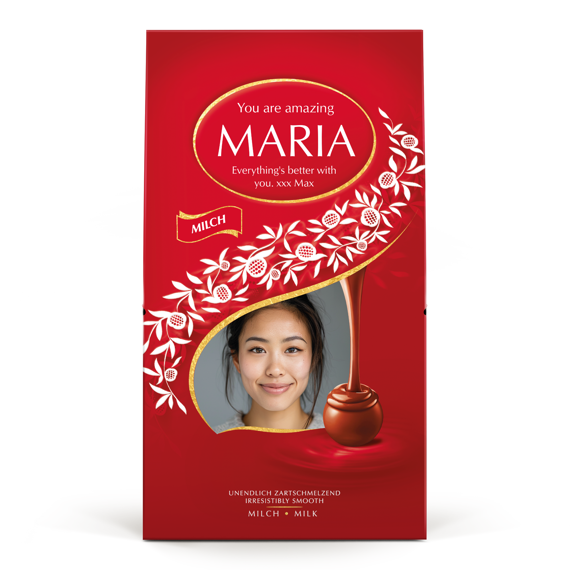 Kilon Lindor-suklaalahjapakkaus, jossa on kuva naisesta ja personoitu teksti "MARIA" ja "You are amazing".
