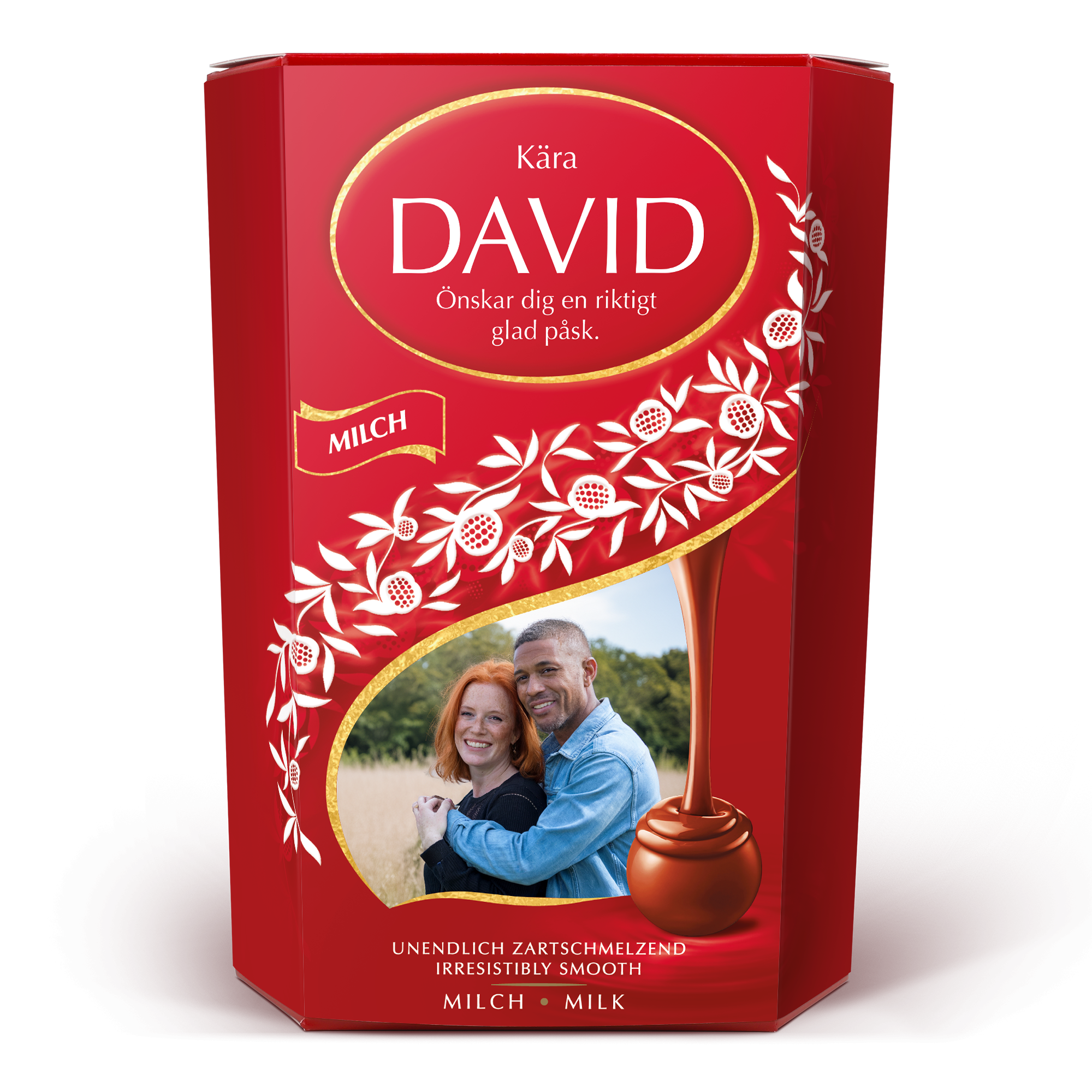 En personlig Lindt chokladask för chokladälskare med namnet David och ett par, tryckt med ett foto och anpassad text