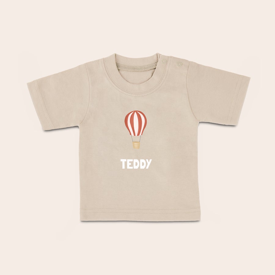 Koszulka dla niemowląt Personalizowany t-shirt dziecięcy z nadrukiem balonu i imieniem Teddy, w jasnym beżowym kolorze