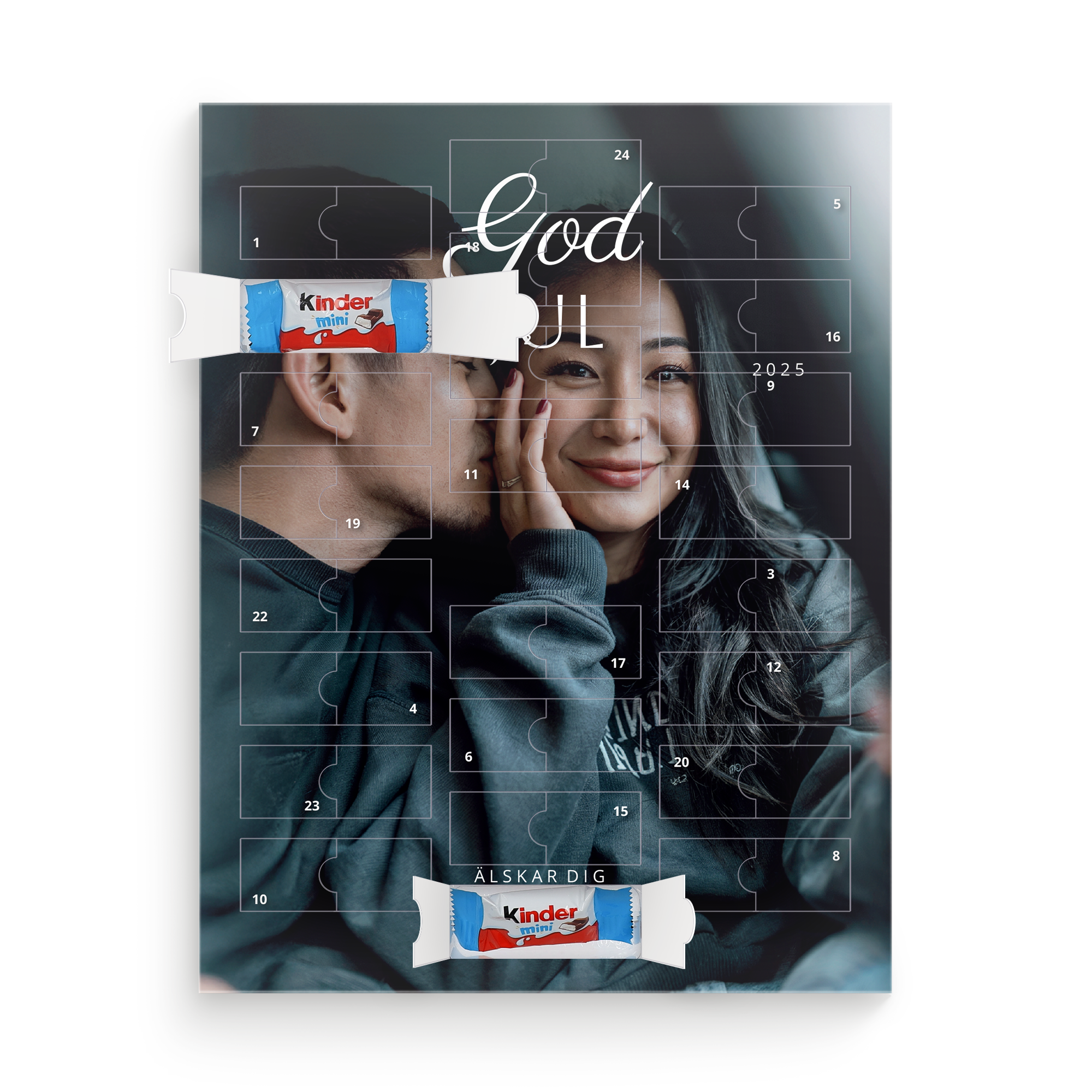 Personlig Kinder choklad adventskalender med eget foto och texten God Jul och Älskar Dig, perfekt present.