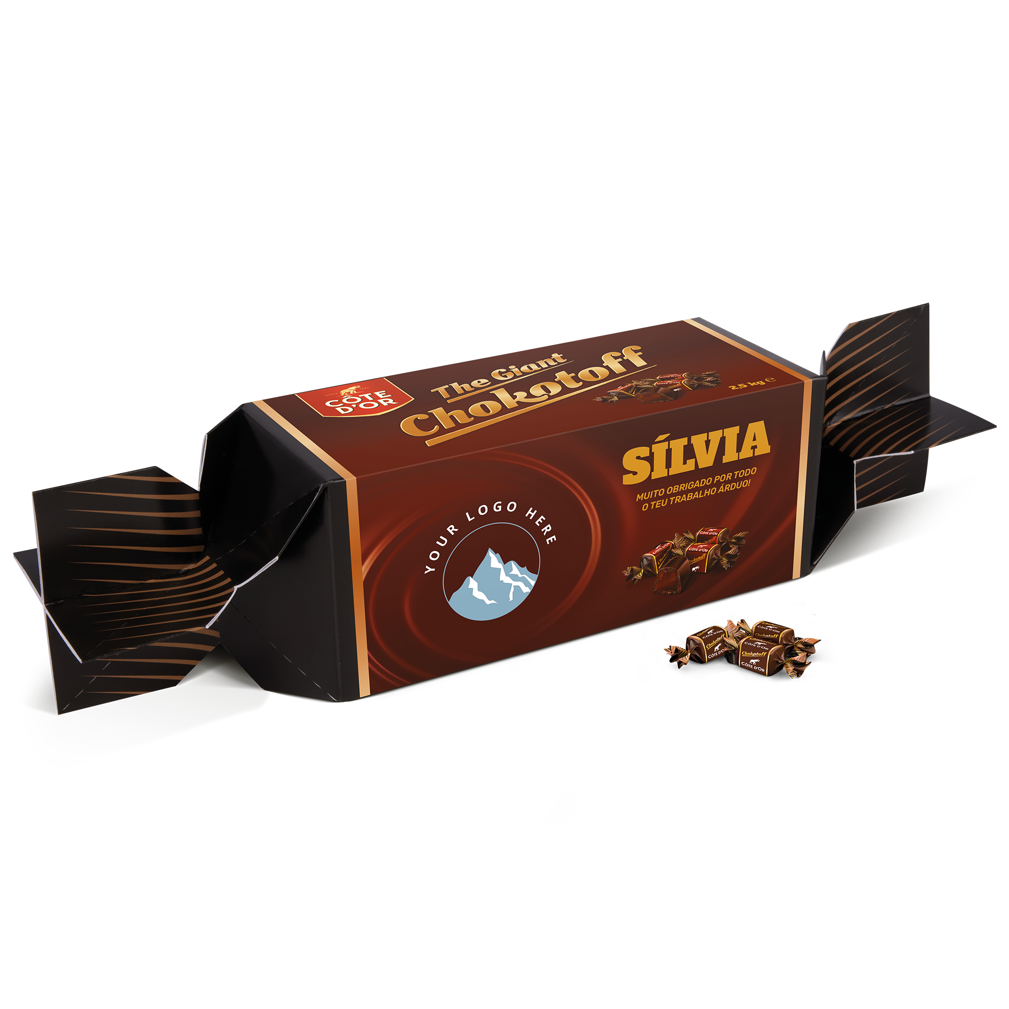 Toffee Chokotoff gigante personalizado, com a caixa impressa com o nome Sílvia e o texto 