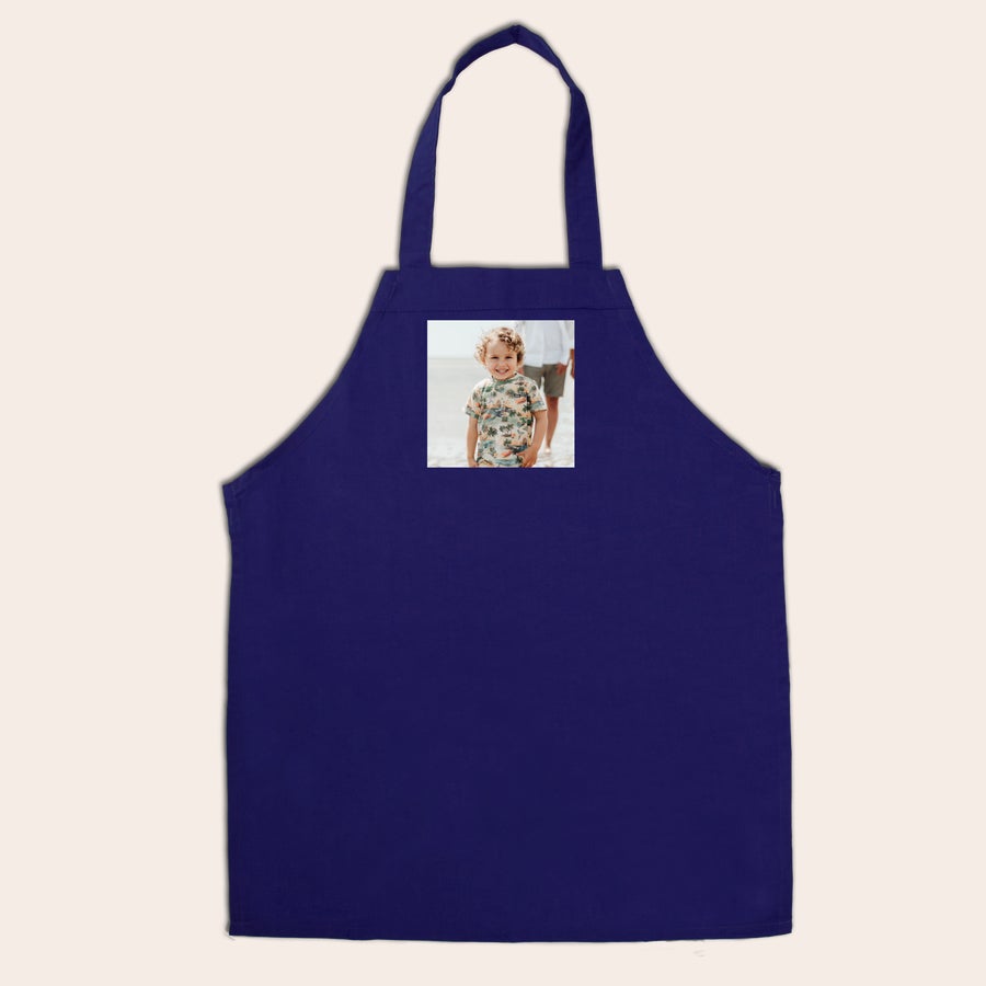 Children's Apron Dark blue children's apron printed with a photo of a smiling boy for a personalised gift
