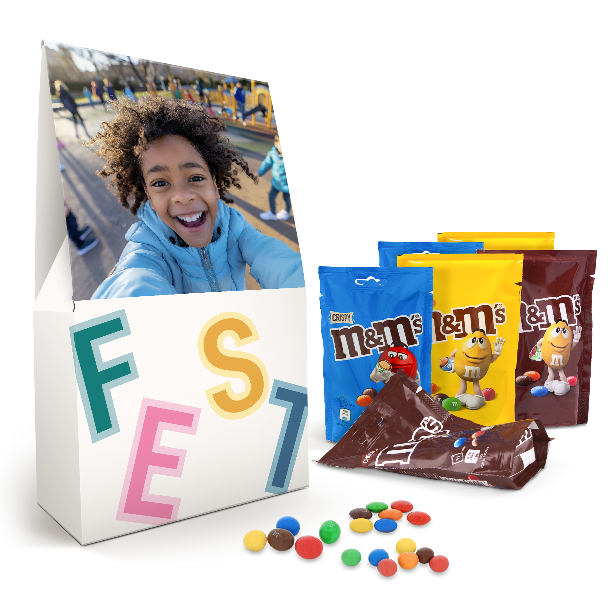 XL-Geschenkbox mit M&M's-Schokolinsen, bedruckt mit einem Foto eines lachenden Kindes und Text "FEST".