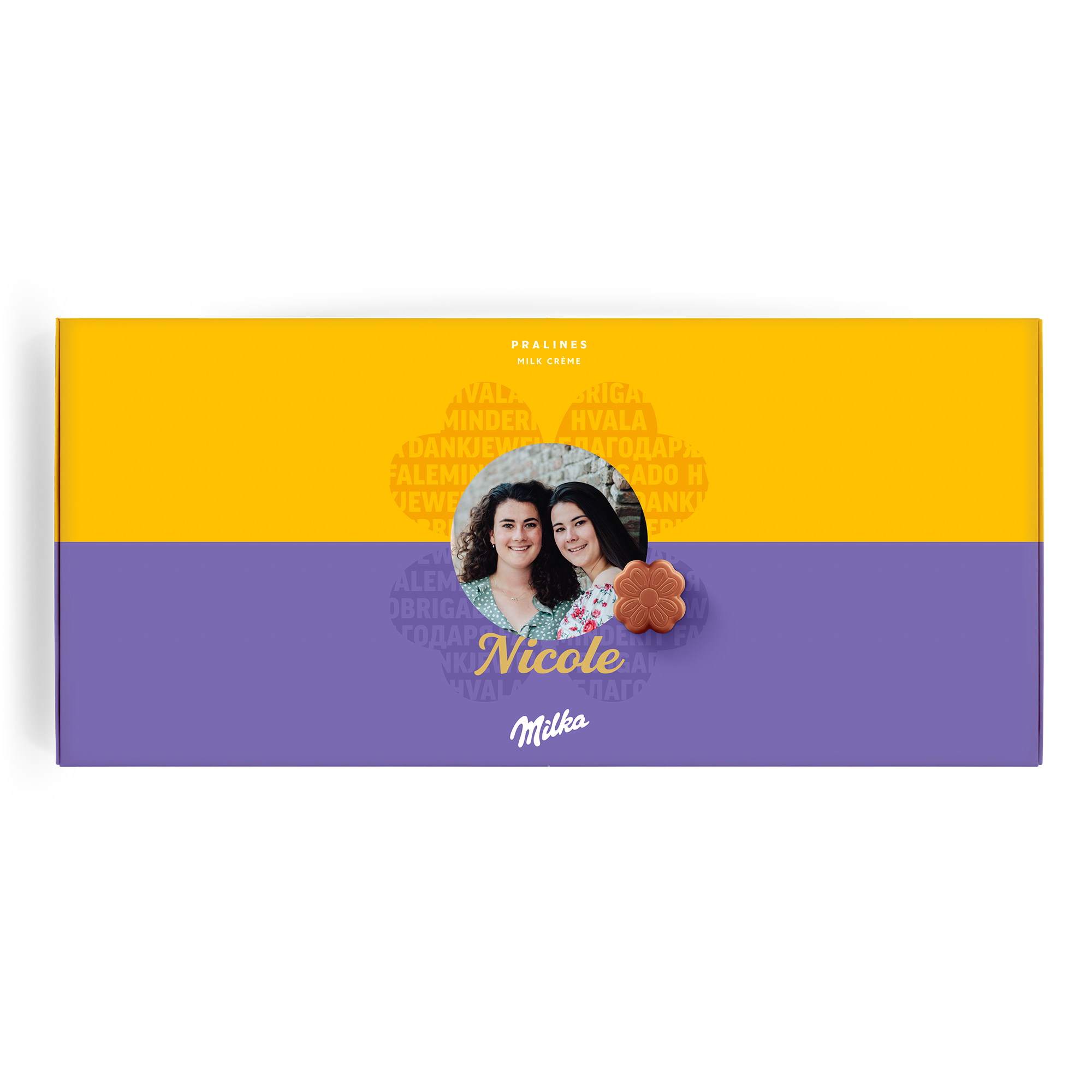Caixa personalizada Diga com Milka, com foto impressa de duas mulheres e o nome Nicole