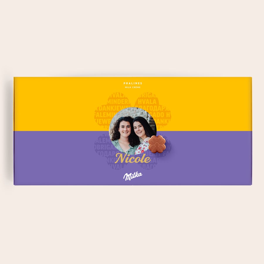 Pralinés de Milka Obrigado Caixa personalizada Diga com Milka, com foto impressa de duas mulheres e o nome Nicole
