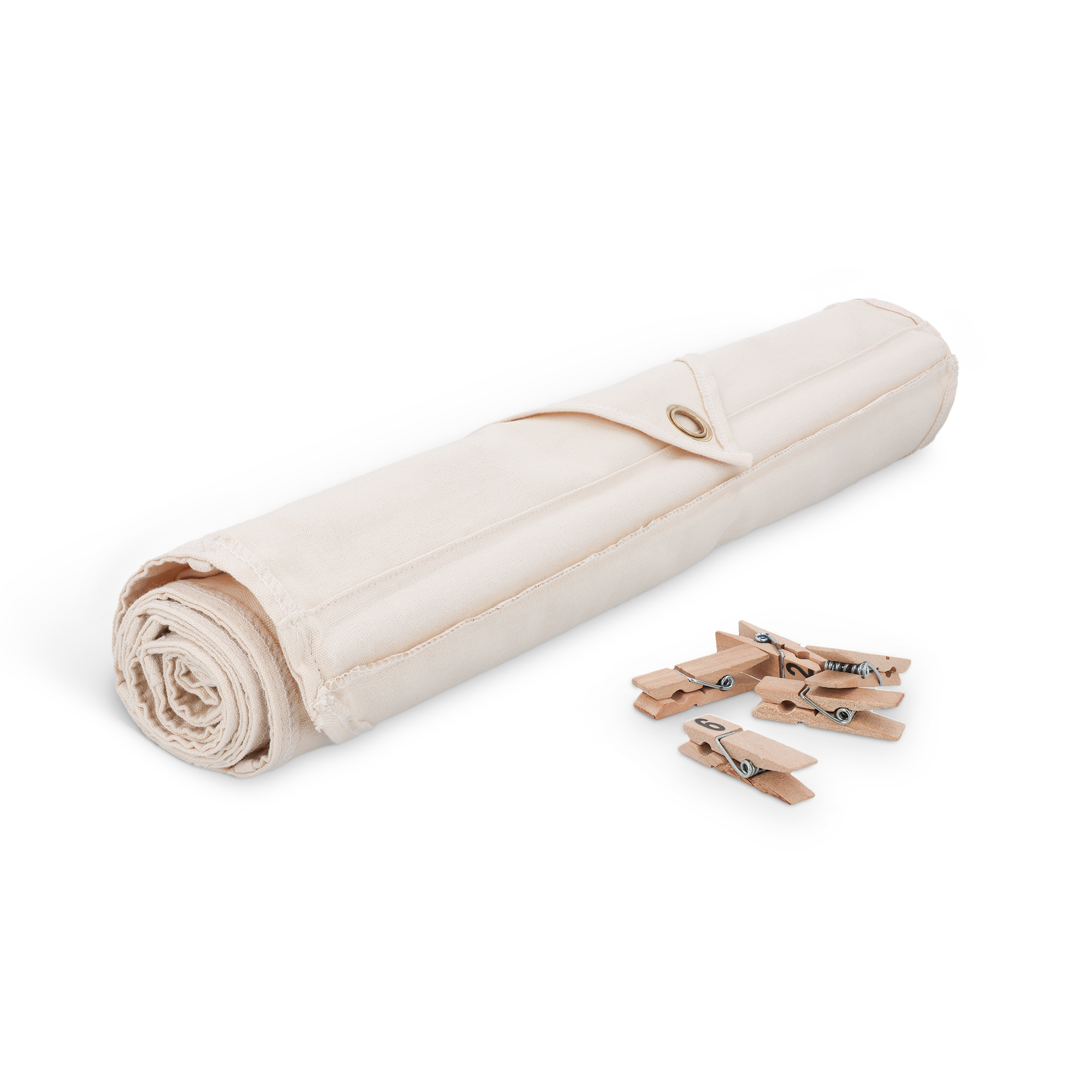 Calendario dell'avvento in tessuto beige arrotolato con 24 mollette numerate per il conto alla rovescia personalizzato.