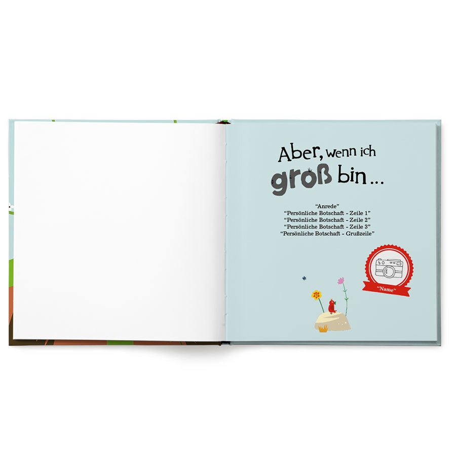 Ein super großes fröhliches Kinderbuch mit Namen, personalisiert mit Wunschtext und kleinem Bild unten rechts